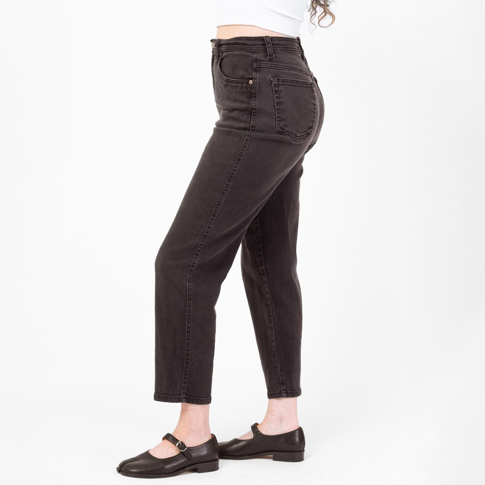 Vintage 90s Faded Black High Waisted Ankle Jeans - Medium, 29"-31" Waist | Bill Blass Denim Stretchy Curvy Fit Mom Jeans