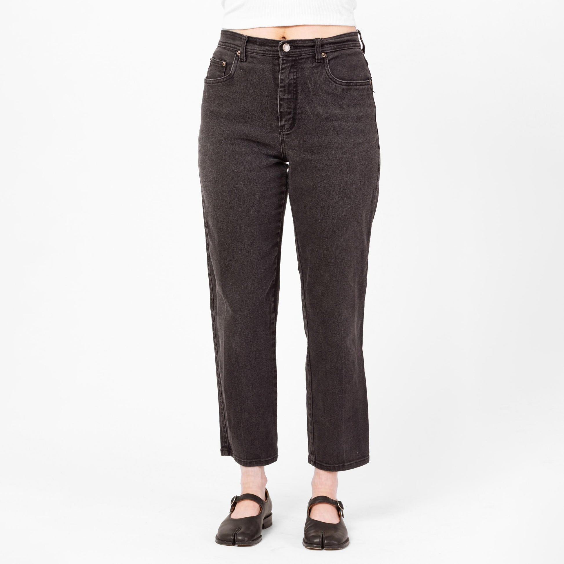 Vintage 90s Faded Black High Waisted Ankle Jeans - Medium, 29"-31" Waist | Bill Blass Denim Stretchy Curvy Fit Mom Jeans