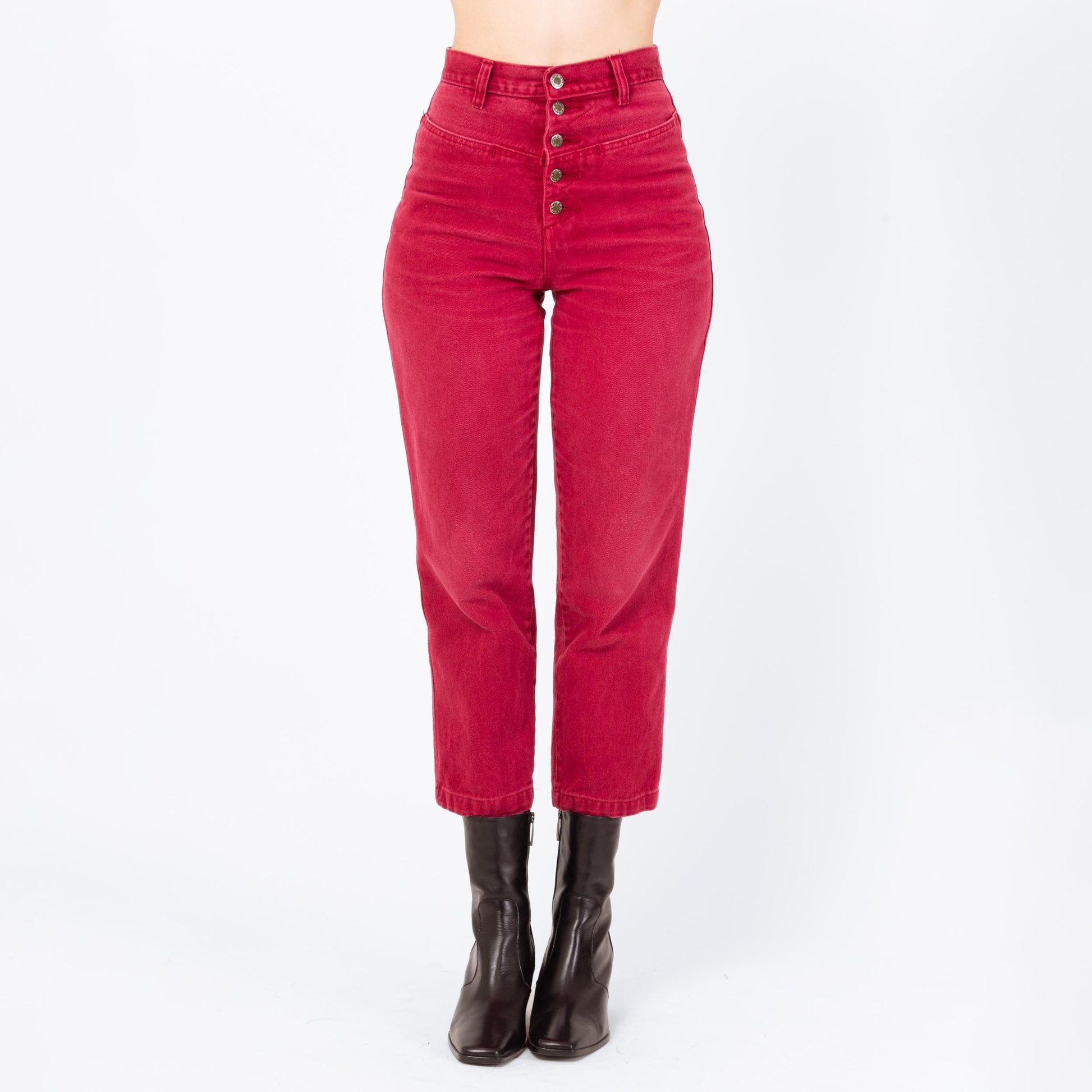Vintage 90s Raspberry Red Exposed Button Fly Jeans - Extra Small, 25" Waist | High Waisted Denim Short Inseam Ankle Jeans