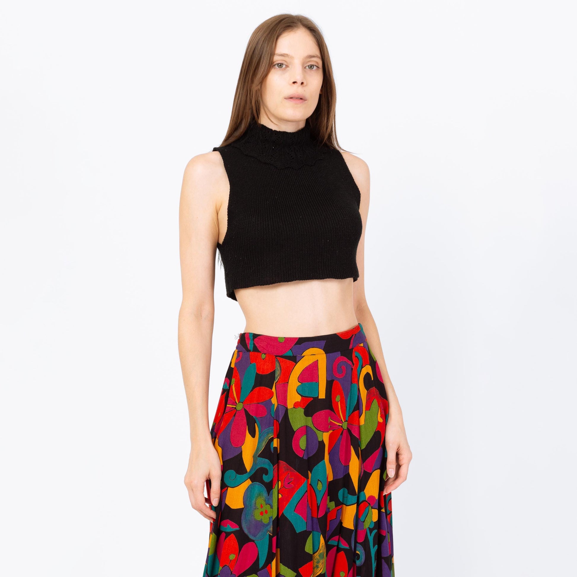 Vintage 70s Black Knit Sleeveless Crop Top - Small | Dickey Turtleneck Sweater Tank Top