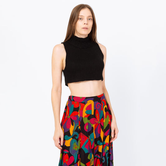 Vintage 70s Black Knit Sleeveless Crop Top - Small | Dickey Turtleneck Sweater Tank Top