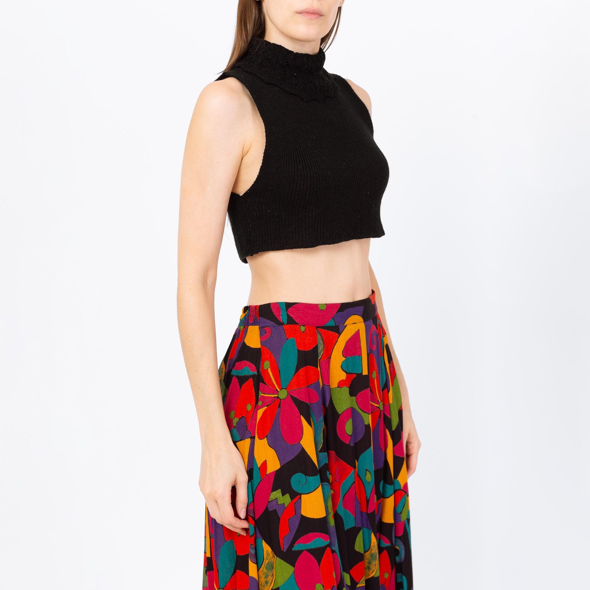 Vintage 70s Black Knit Sleeveless Crop Top - Small | Dickey Turtleneck Sweater Tank Top