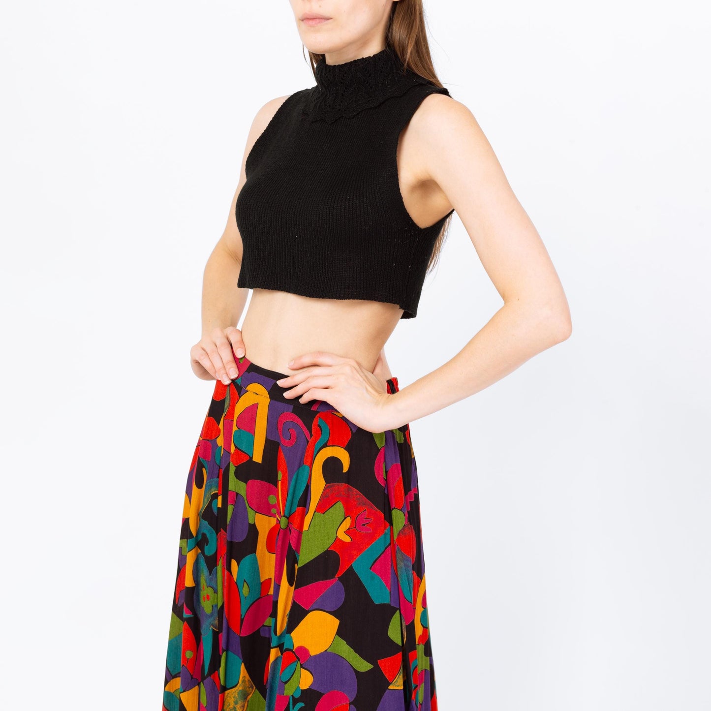 Vintage 70s Black Knit Sleeveless Crop Top - Small | Dickey Turtleneck Sweater Tank Top