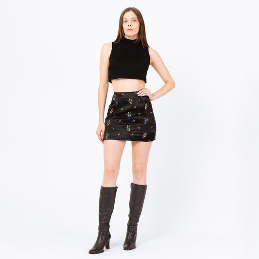 Vintage 90s Wildflower Floral Black Satin Mini Skirt - Small | High Waisted A Line Boho Embroidered Skirt