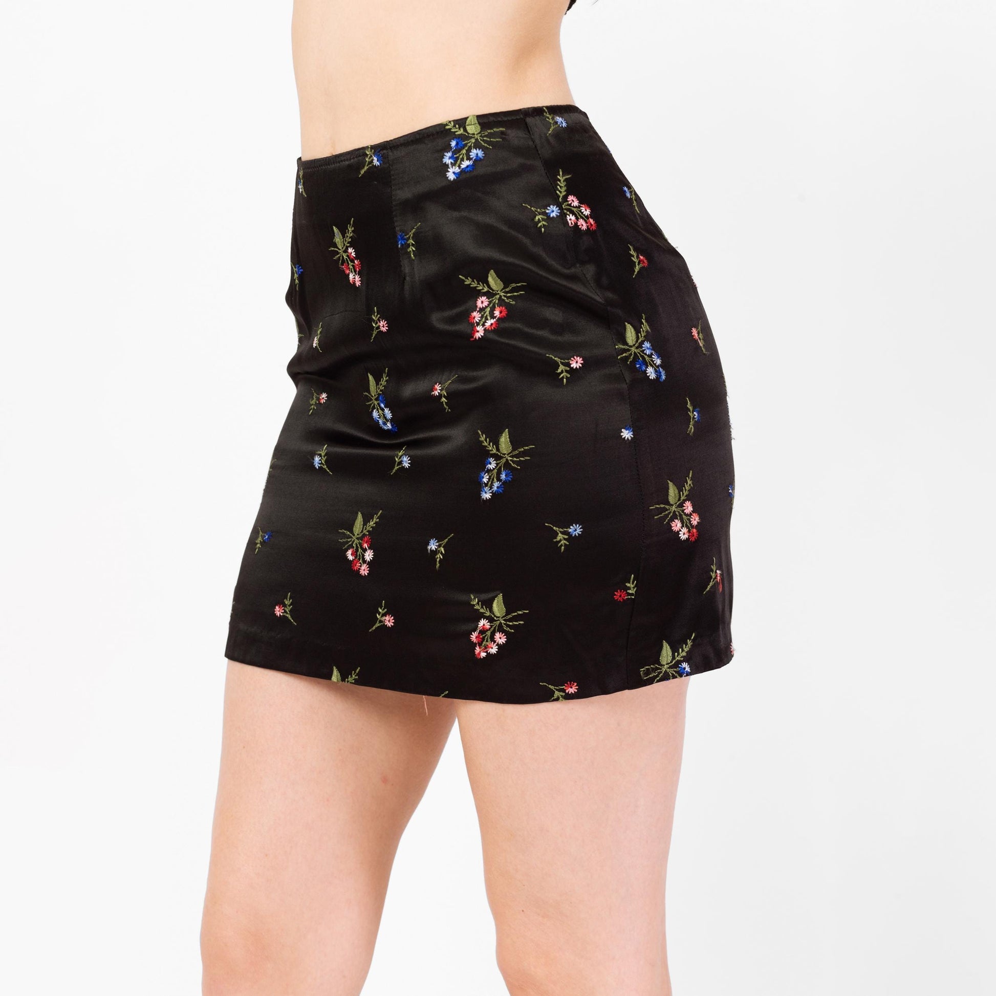 Vintage 90s Wildflower Floral Black Satin Mini Skirt - Small | High Waisted A Line Boho Embroidered Skirt