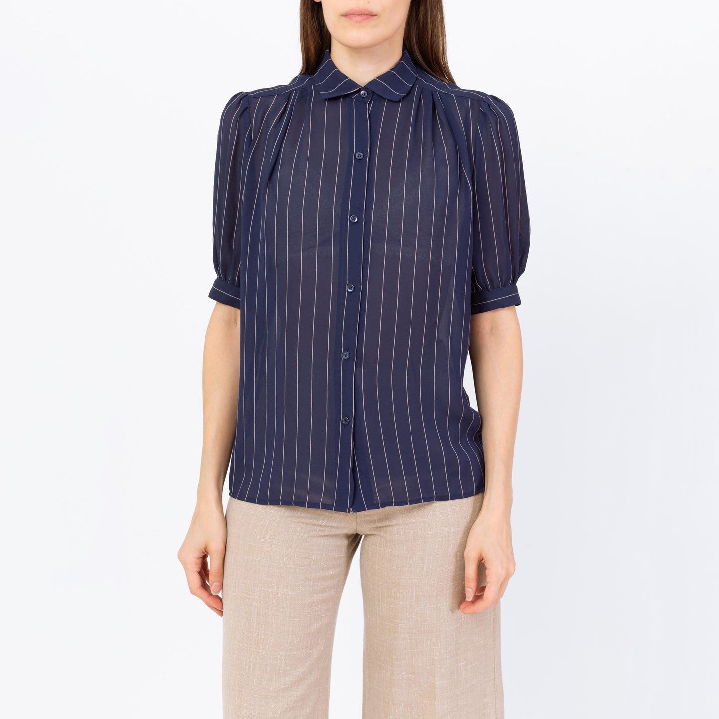 Vintage 70s Navy Blue Pinstriped Puff Sleeve Blouse - Small | Retro Sheer Top, Peter Pan Collar Shirt