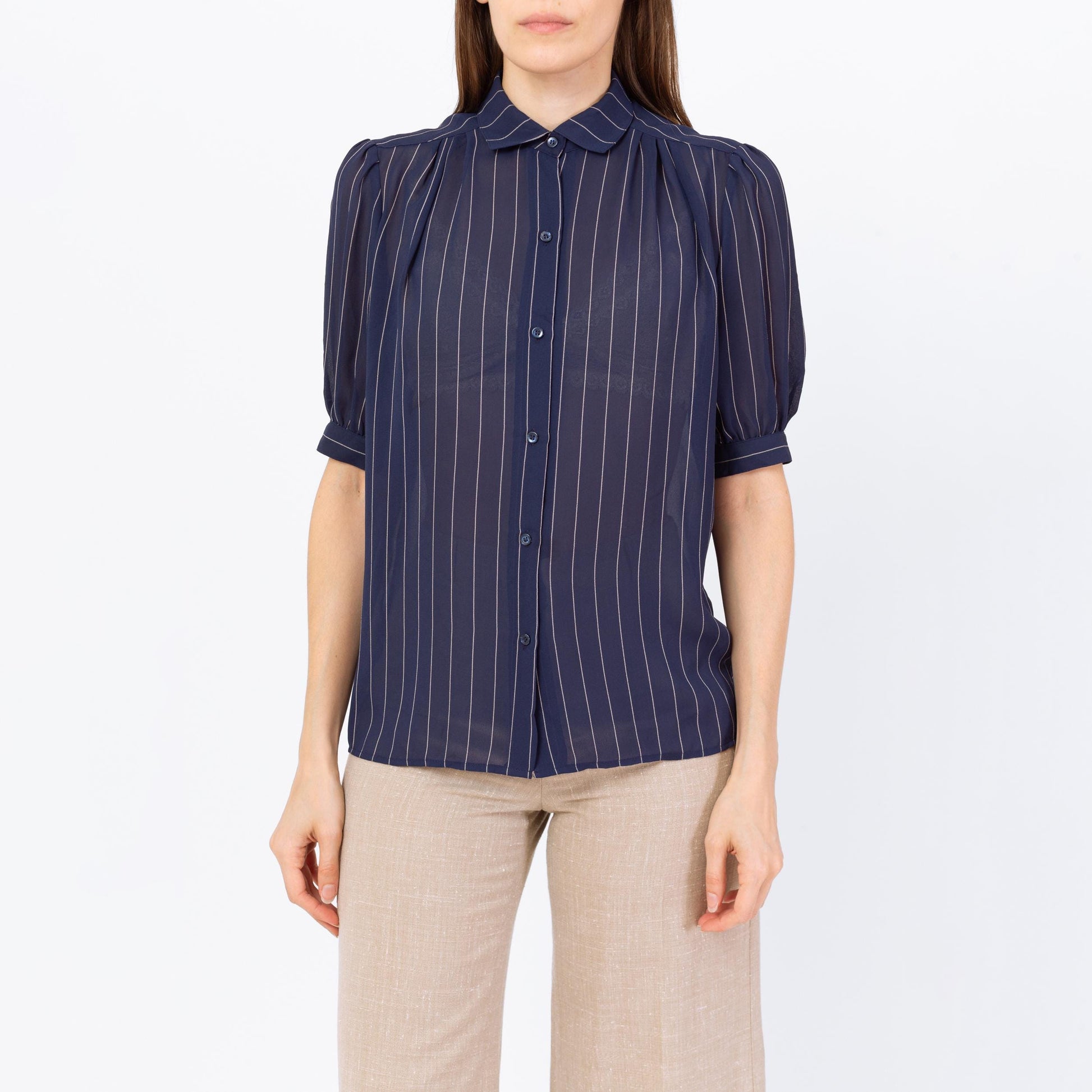 Vintage 70s Navy Blue Pinstriped Puff Sleeve Blouse - Small | Retro Sheer Top, Peter Pan Collar Shirt