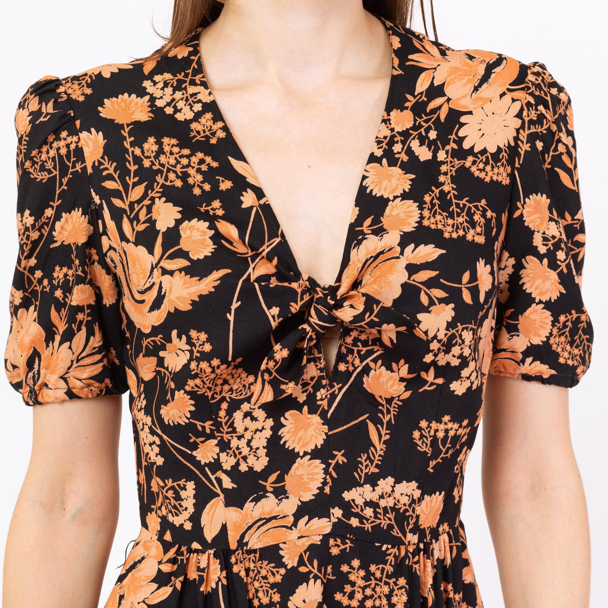 Vintage 90s Orange & Black Floral Floral Tie Front Mini Sundress - Small | Boho Flower Print Short Sleeve Summer Dress