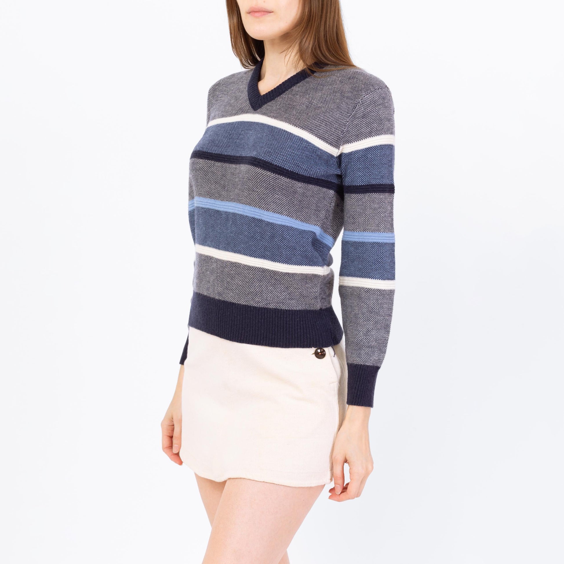 Vintage 80s Blue Striped Knit Cropped Sweater - Small | V Neck Lightweight Slouchy Pullover