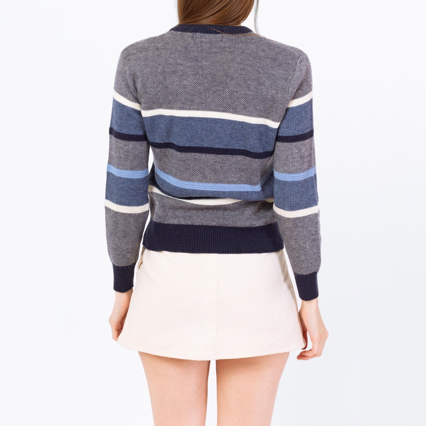 Vintage 80s Blue Striped Knit Cropped Sweater - Small | V Neck Lightweight Slouchy Pullover
