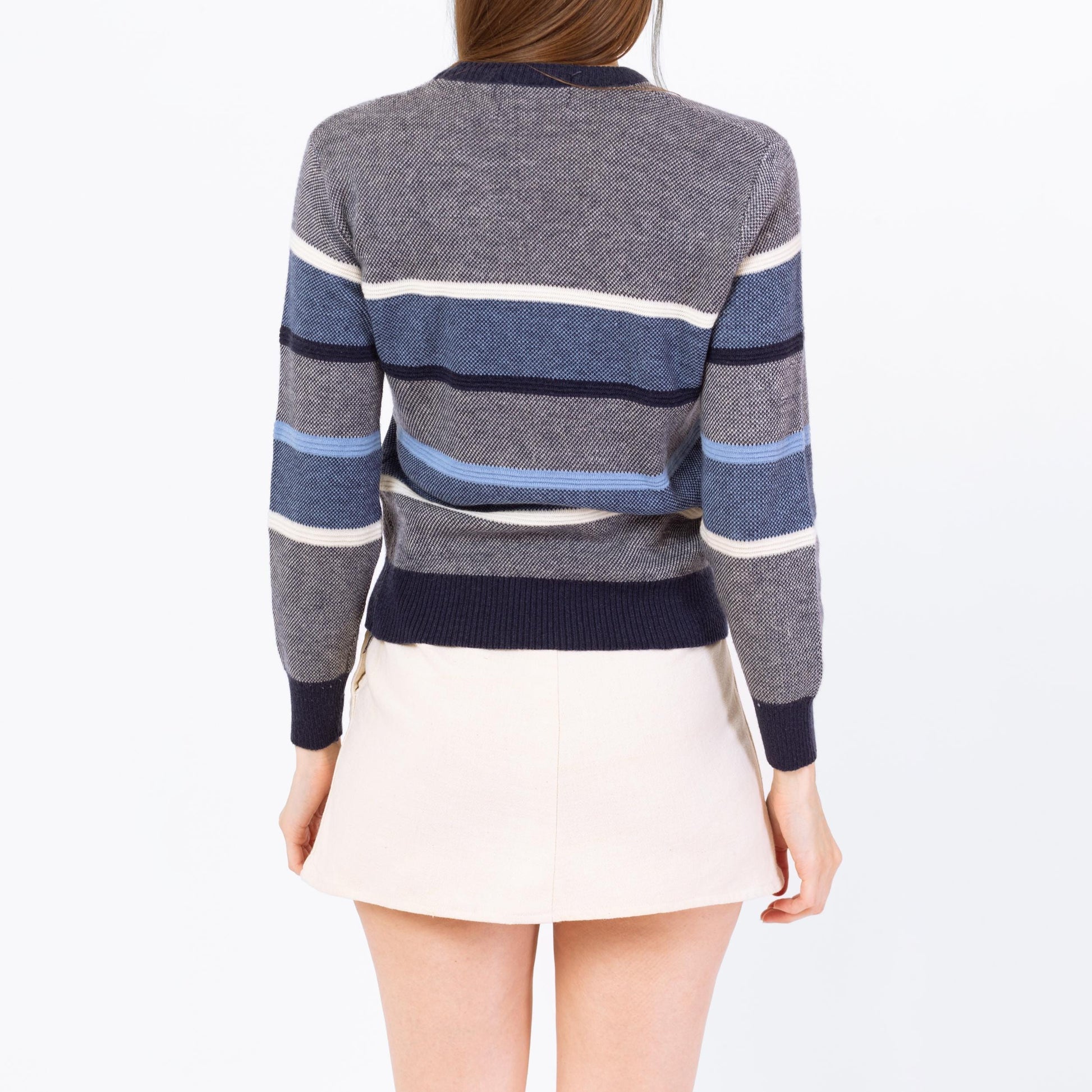 Vintage 80s Blue Striped Knit Cropped Sweater - Small | V Neck Lightweight Slouchy Pullover