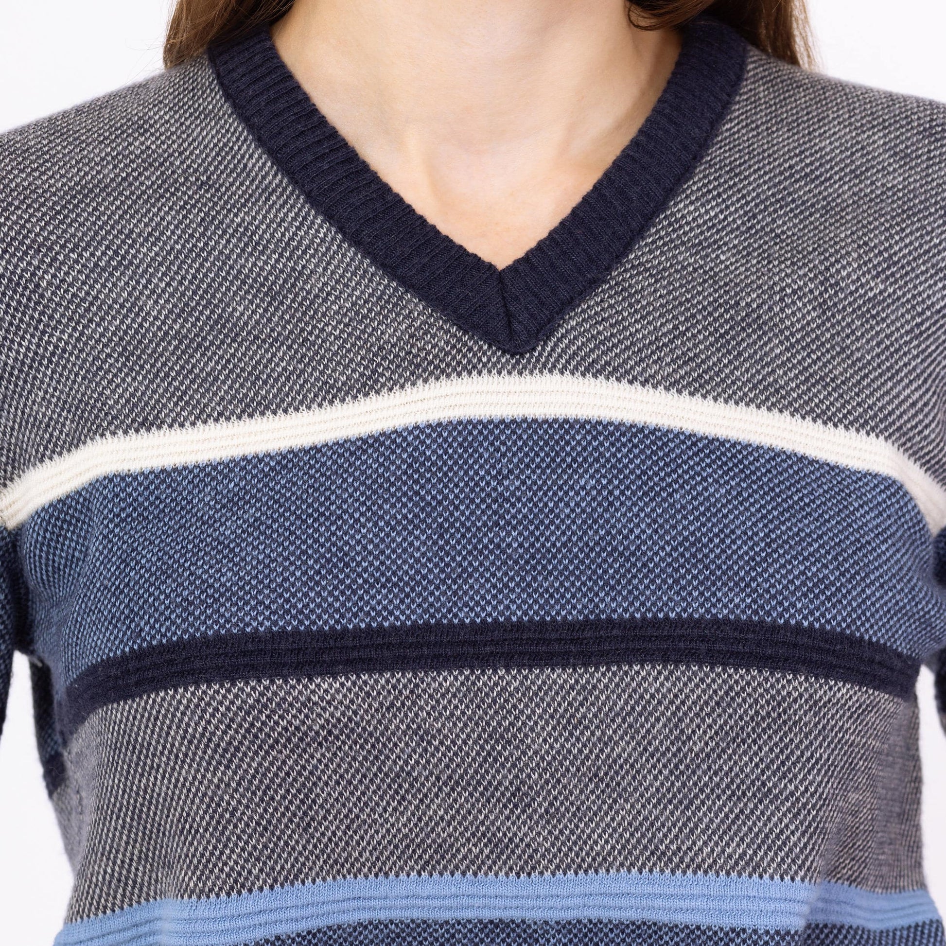 Vintage 80s Blue Striped Knit Cropped Sweater - Small | V Neck Lightweight Slouchy Pullover