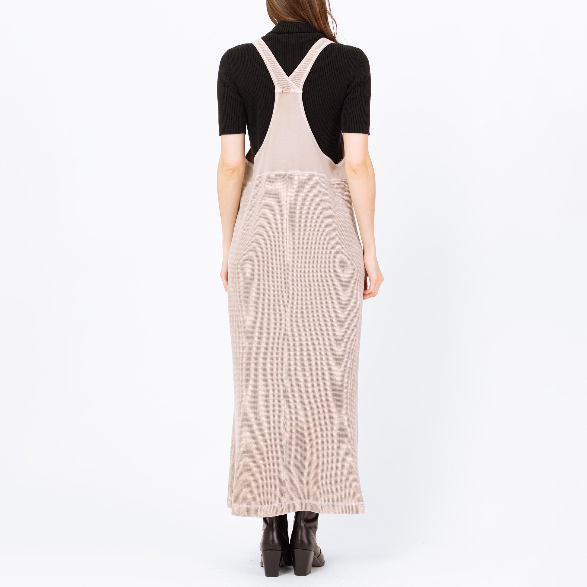 Vintage 90s Minimalist Taupe Maxi Pinafore Dress - Small | Waffle Knit Racerback Sleeveless Lounge Dress