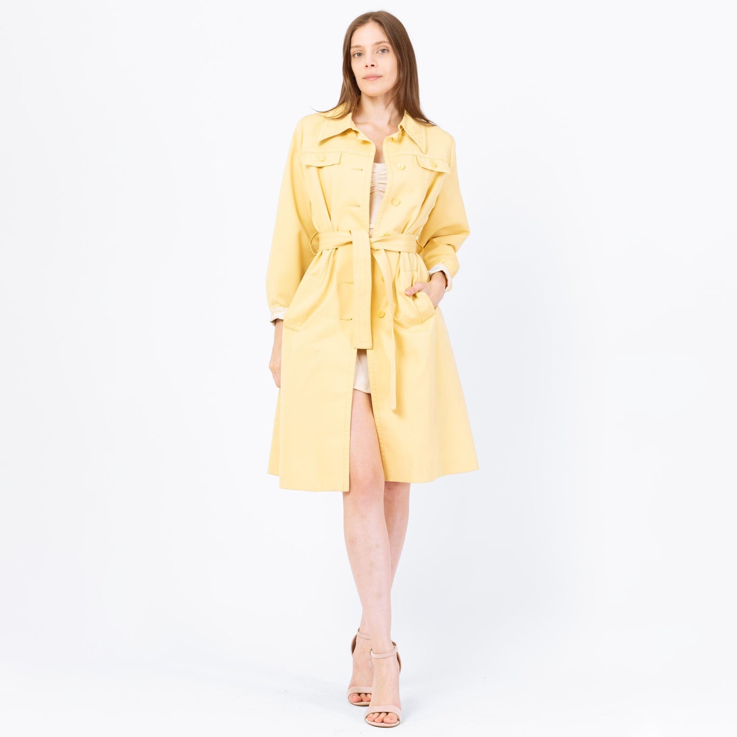 Vintage 70s Butter Yellow Belted Trench Coat - Small | Art Nouveau Print Lining Mod Button Up Long Jacket