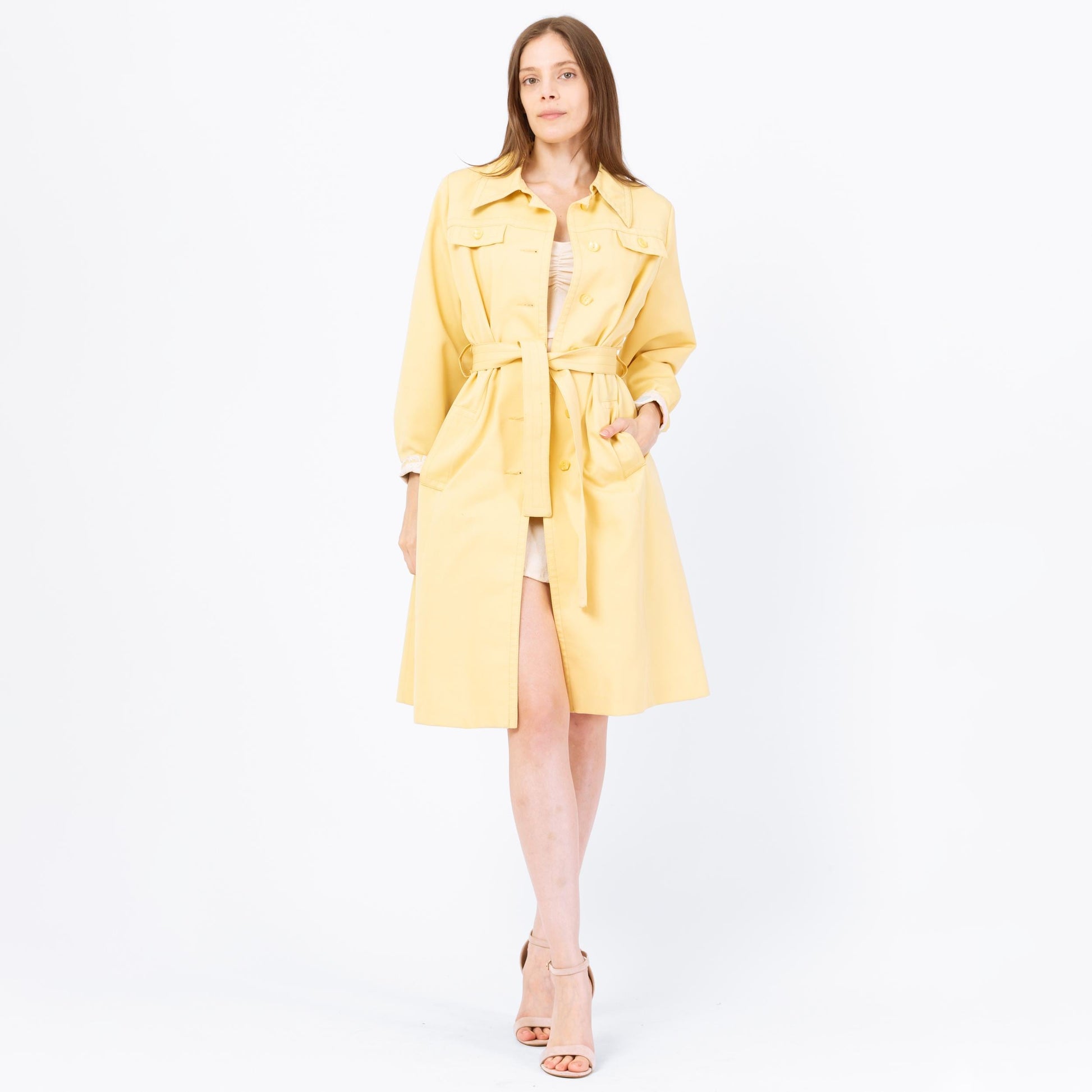 Vintage 70s Butter Yellow Belted Trench Coat - Small | Art Nouveau Print Lining Mod Button Up Long Jacket