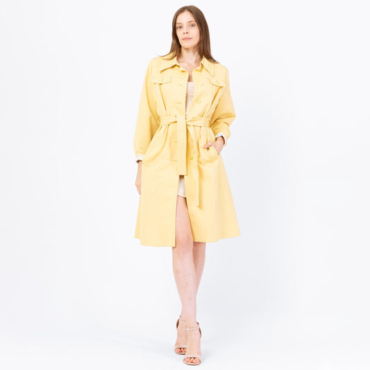Vintage 70s Butter Yellow Belted Trench Coat - Small | Art Nouveau Print Lining Mod Button Up Long Jacket