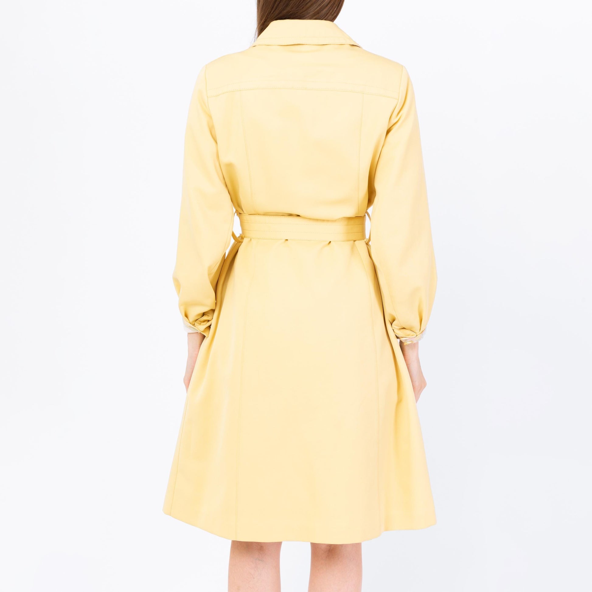 Vintage 70s Butter Yellow Belted Trench Coat - Small | Art Nouveau Print Lining Mod Button Up Long Jacket