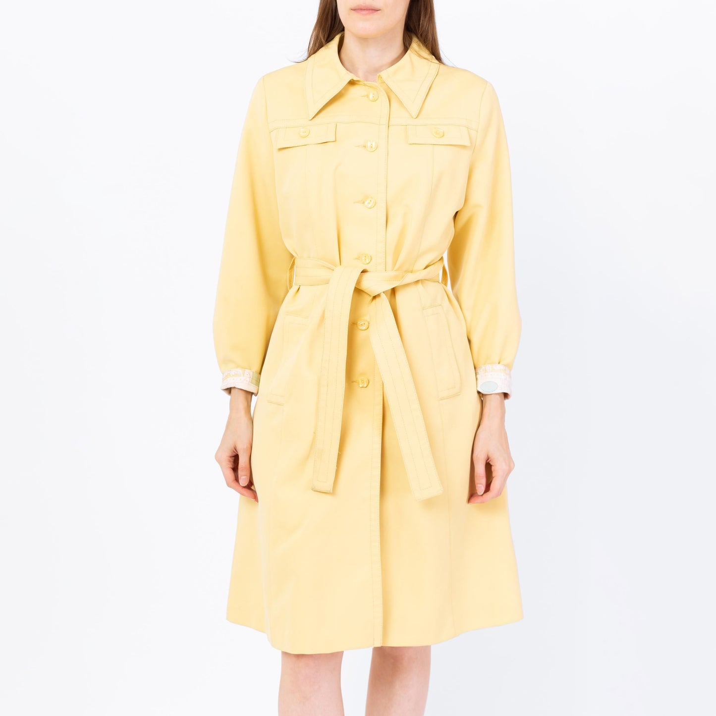 Vintage 70s Butter Yellow Belted Trench Coat - Small | Art Nouveau Print Lining Mod Button Up Long Jacket
