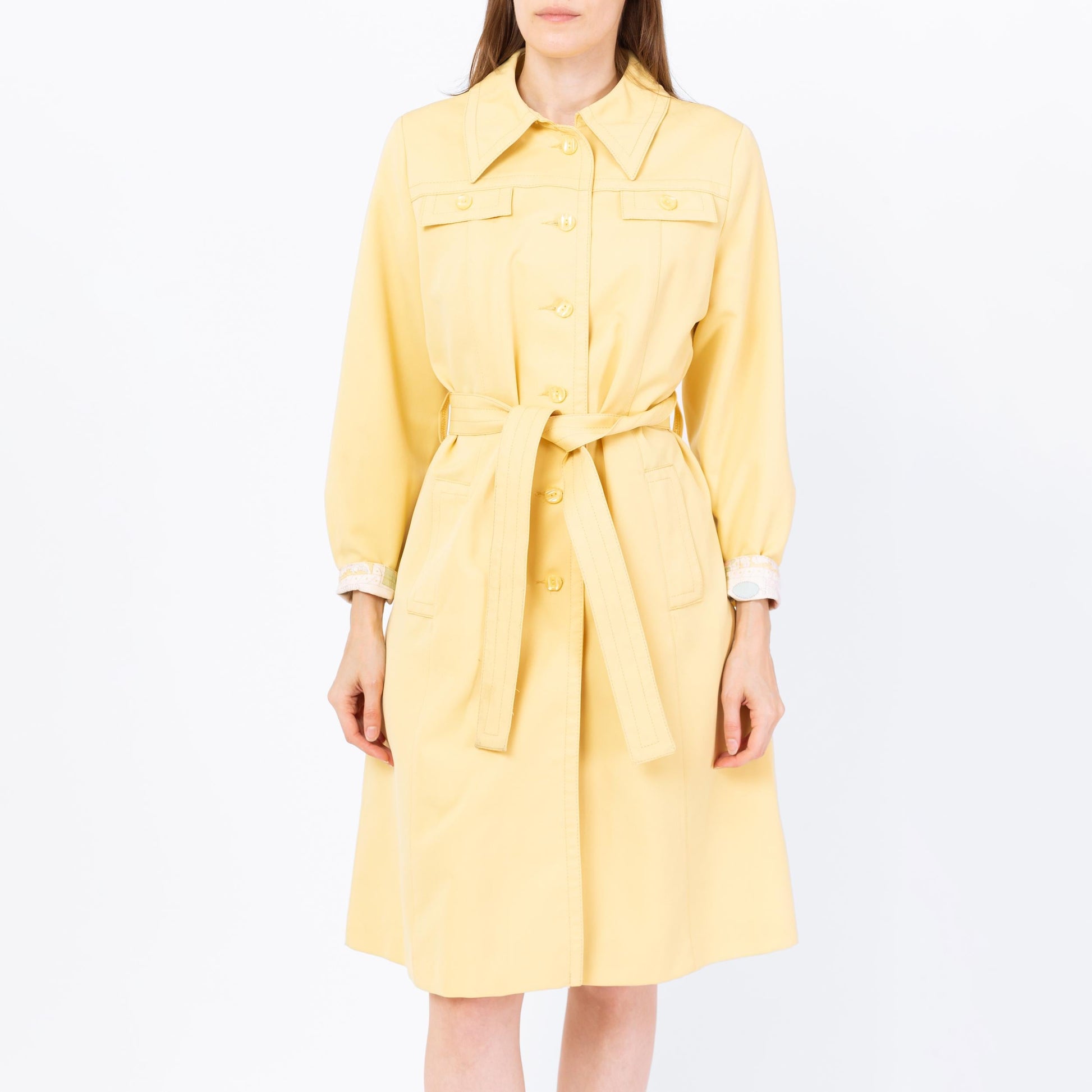 Vintage 70s Butter Yellow Belted Trench Coat - Small | Art Nouveau Print Lining Mod Button Up Long Jacket