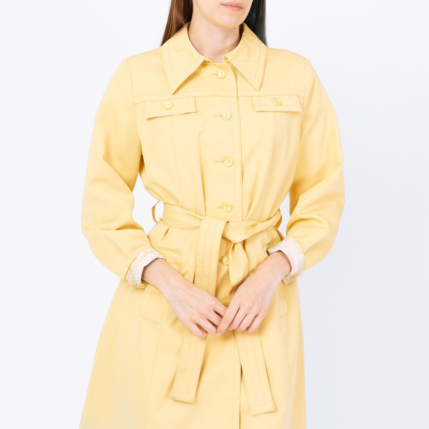 Vintage 70s Butter Yellow Belted Trench Coat - Small | Art Nouveau Print Lining Mod Button Up Long Jacket