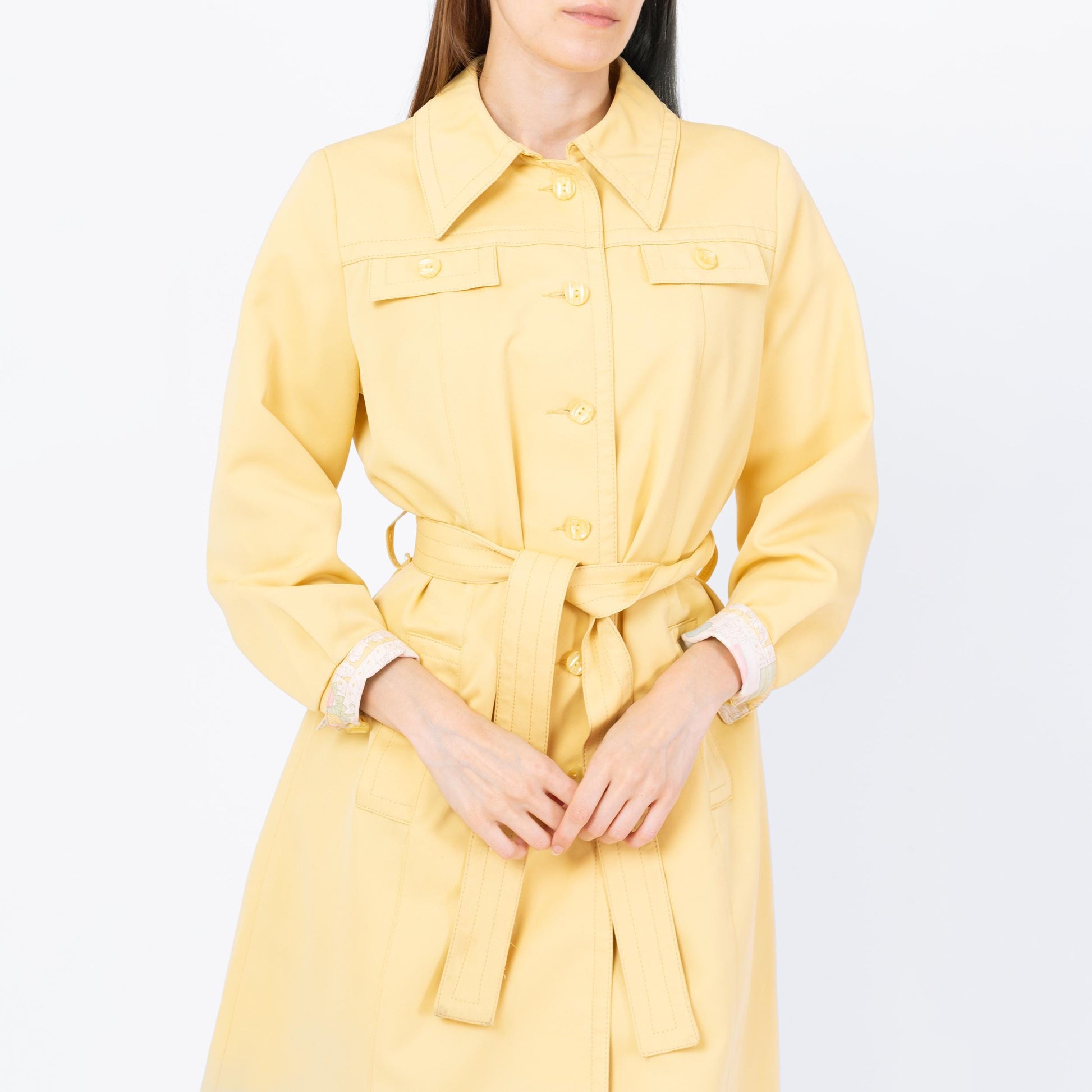 Vintage 70s Butter Yellow Belted Trench Coat - Small | Art Nouveau Print Lining Mod Button Up Long Jacket