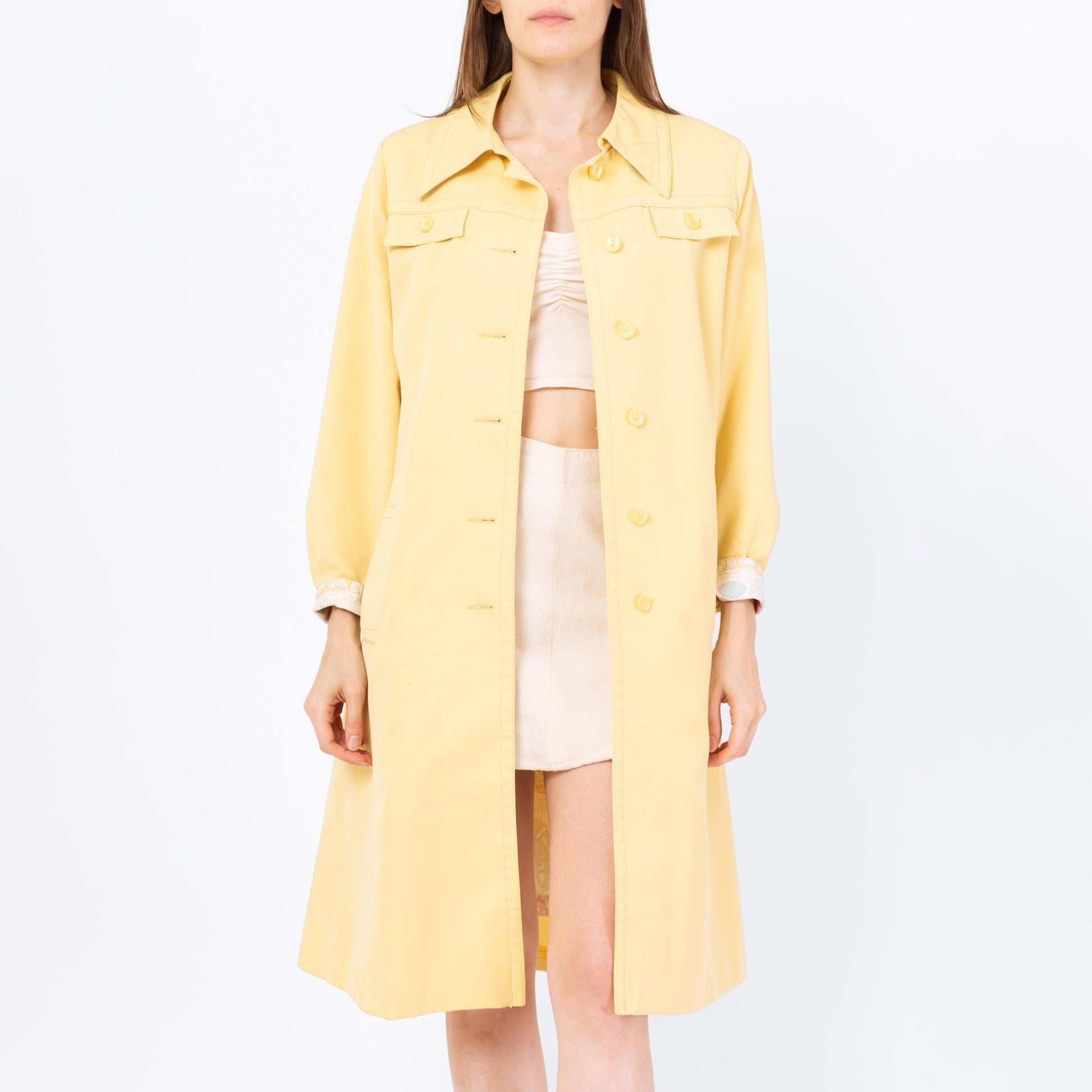 Vintage 70s Butter Yellow Belted Trench Coat - Small | Art Nouveau Print Lining Mod Button Up Long Jacket