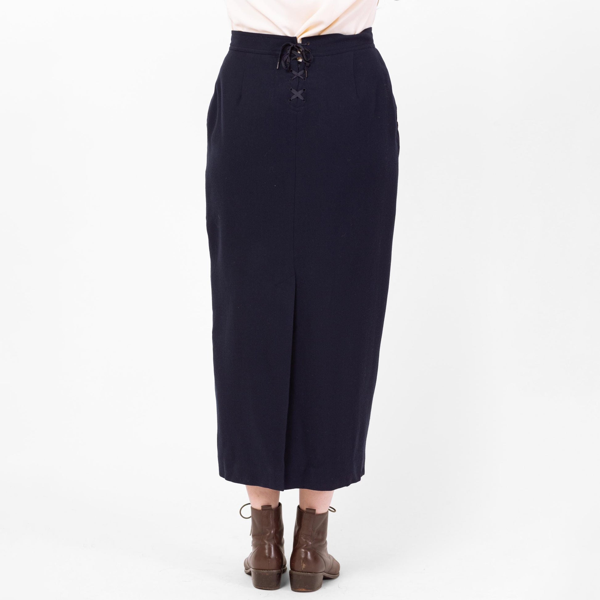 Vintage 90s Ralph Lauren Navy Wool Midi Sailor Skirt - Medium, 29"-30" Waist | Minimalist High Waisted Ankle Length Long Straight Skirt