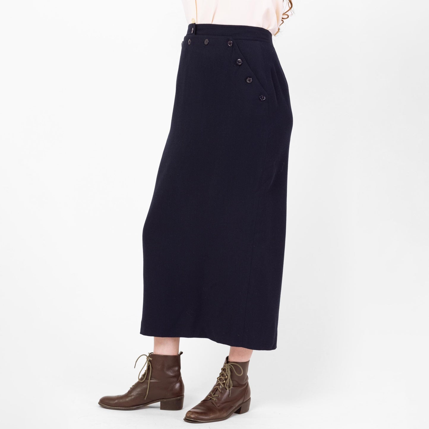 Vintage 90s Ralph Lauren Navy Wool Midi Sailor Skirt - Medium, 29"-30" Waist | Minimalist High Waisted Ankle Length Long Straight Skirt