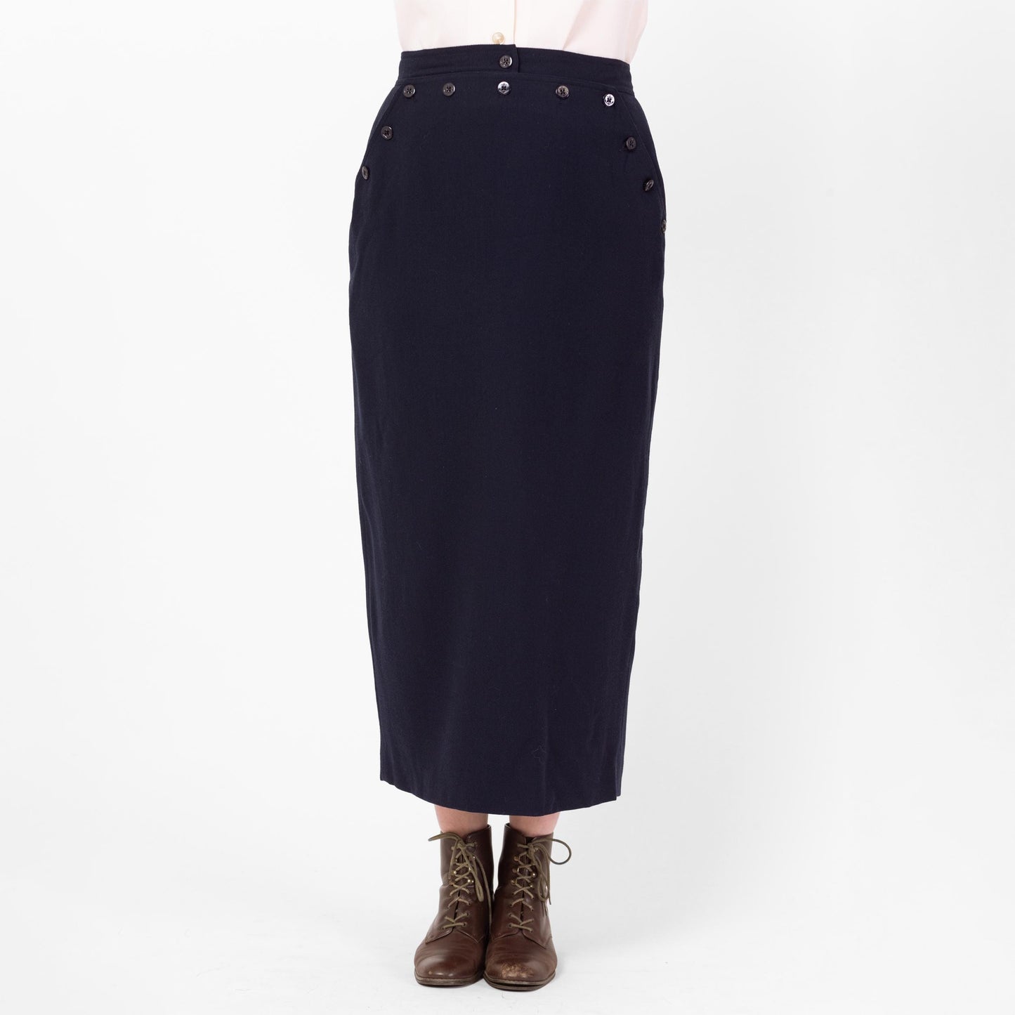 Vintage 90s Ralph Lauren Navy Wool Midi Sailor Skirt - Medium, 29"-30" Waist | Minimalist High Waisted Ankle Length Long Straight Skirt