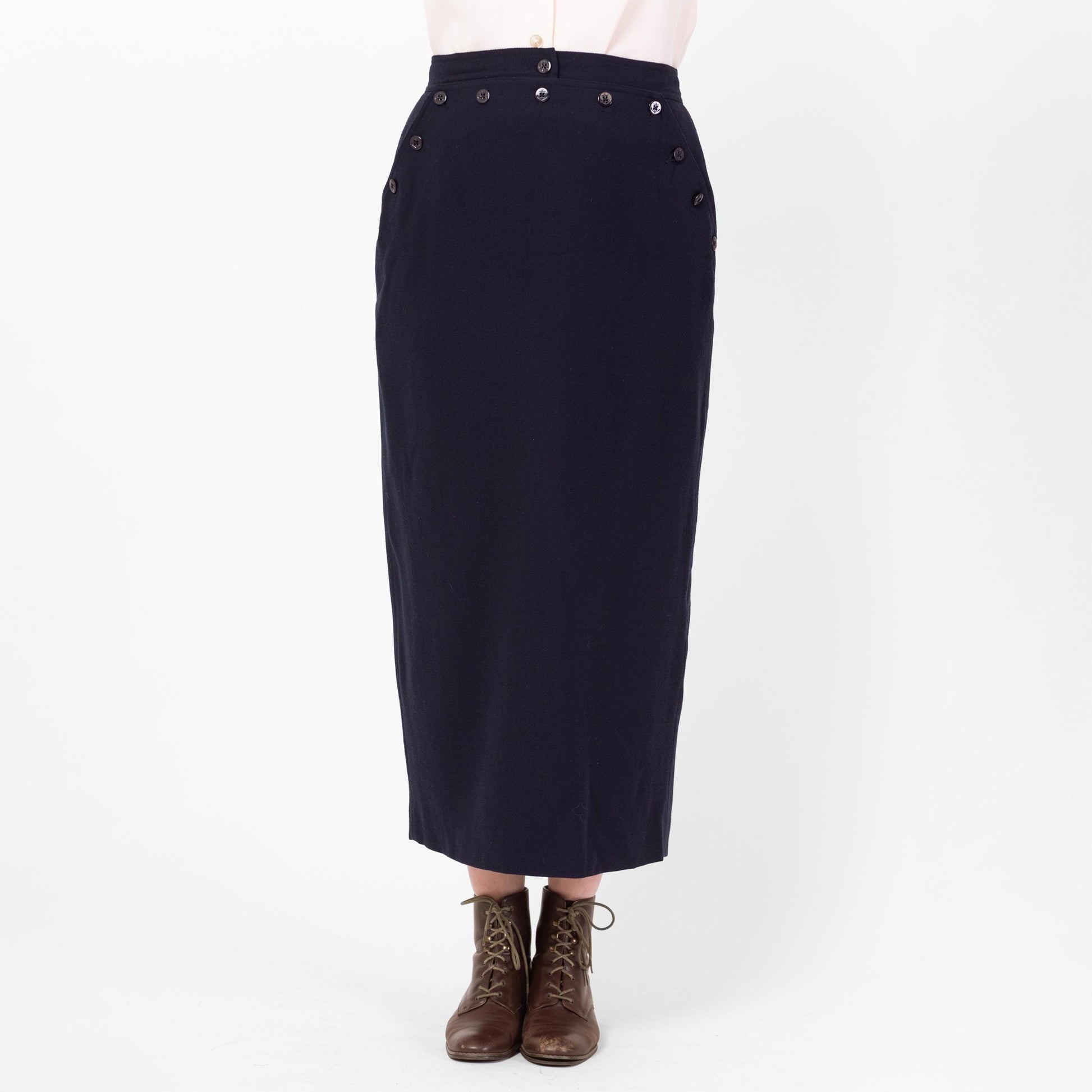 Vintage 90s Ralph Lauren Navy Wool Midi Sailor Skirt - Medium, 29"-30" Waist | Minimalist High Waisted Ankle Length Long Straight Skirt