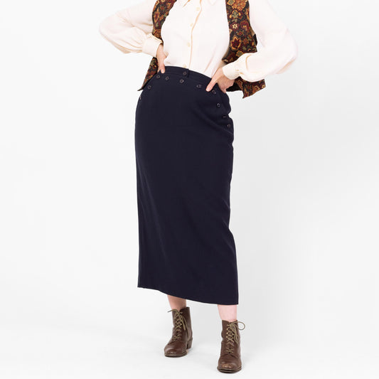 Vintage 90s Ralph Lauren Navy Wool Midi Sailor Skirt - Medium, 29"-30" Waist | Minimalist High Waisted Ankle Length Long Straight Skirt