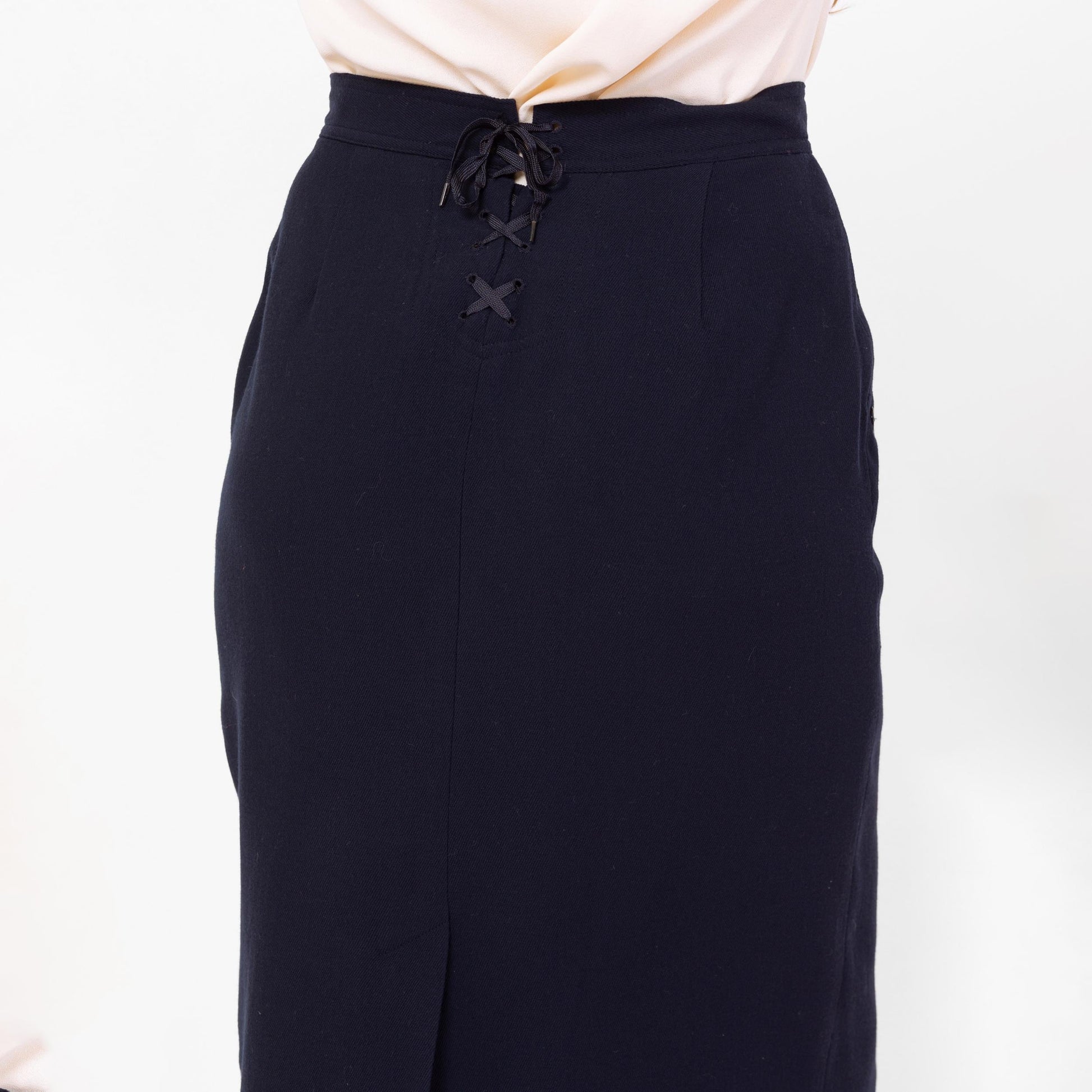 Vintage 90s Ralph Lauren Navy Wool Midi Sailor Skirt - Medium, 29"-30" Waist | Minimalist High Waisted Ankle Length Long Straight Skirt