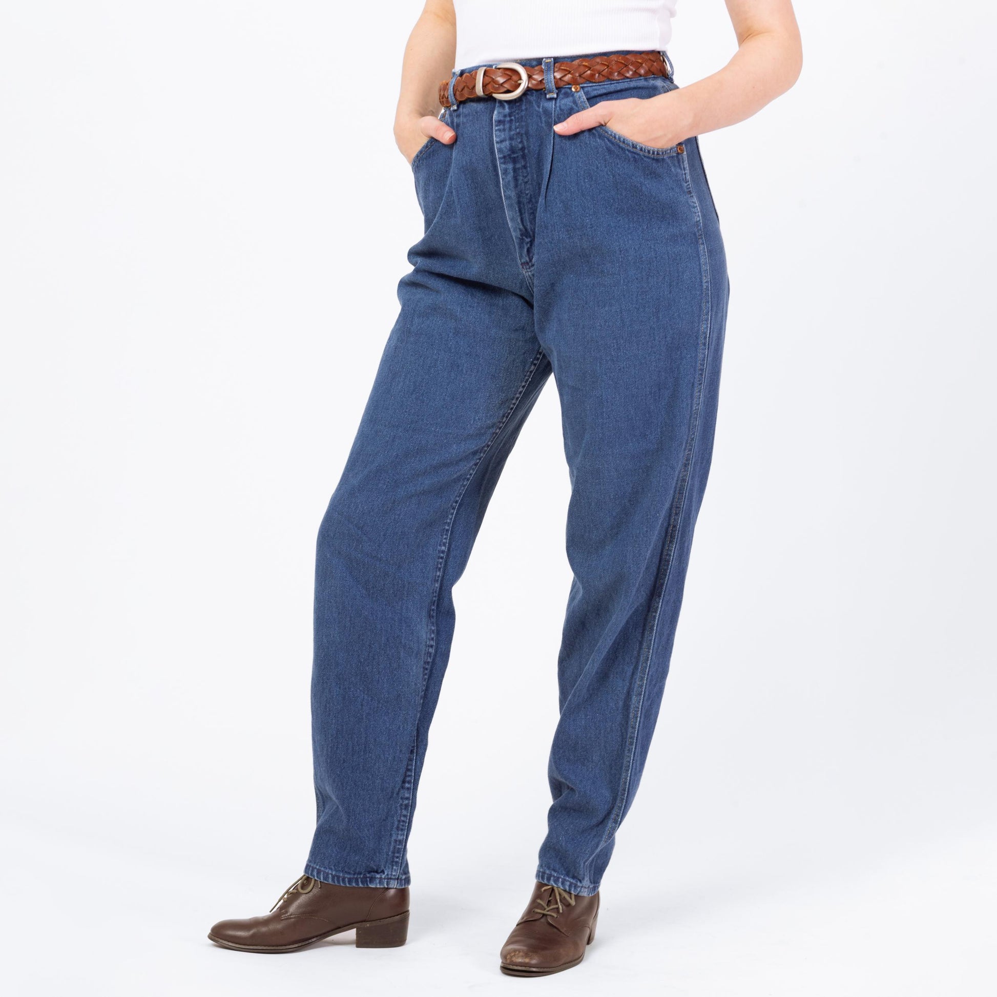 Vintage 80s Lee Riders Dark Wash High Waisted Mom Jeans - Medium, 29" Waist | Tapered Leg Pleated Denim Jeans