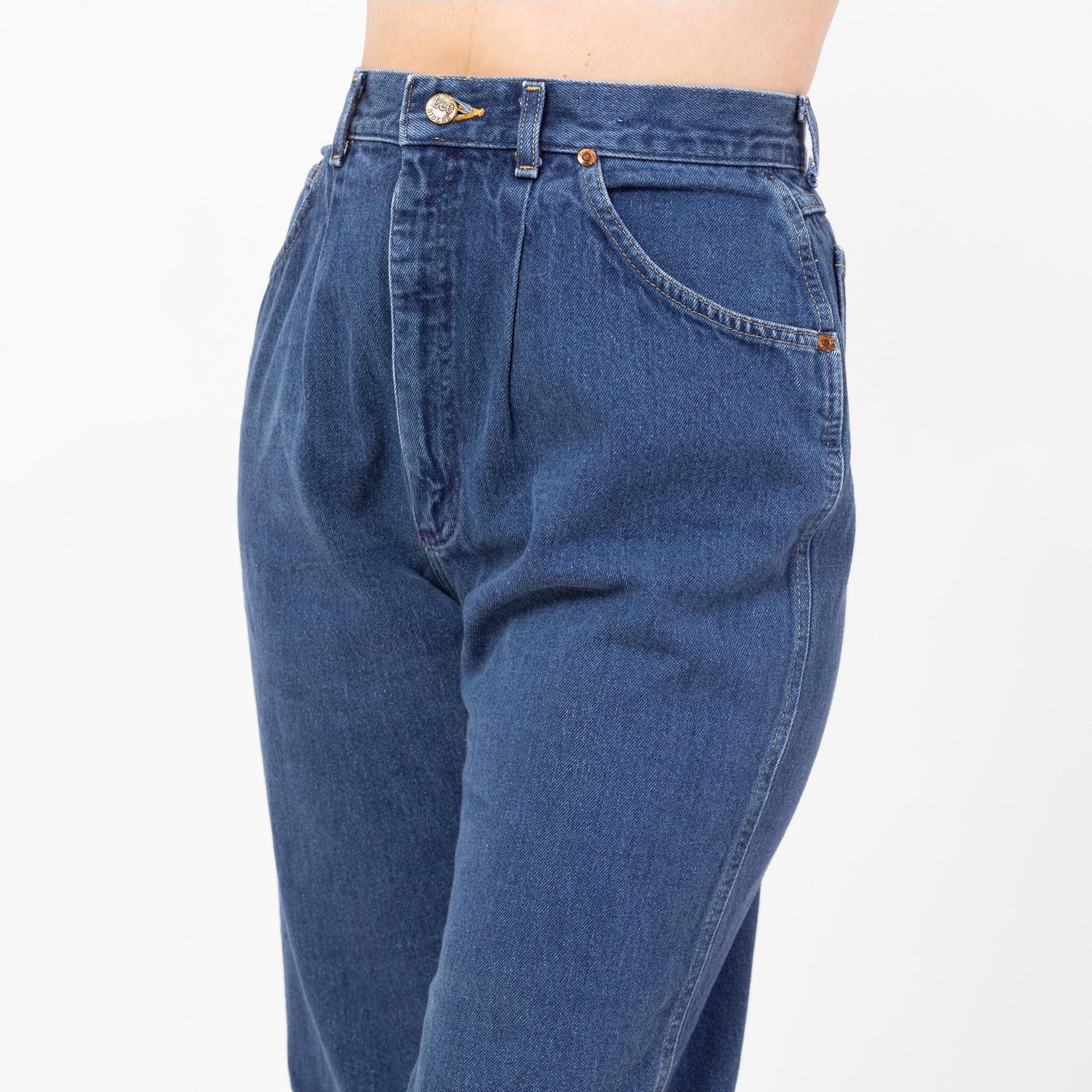 Vintage 80s Lee Riders Dark Wash High Waisted Mom Jeans - Medium, 29" Waist | Tapered Leg Pleated Denim Jeans