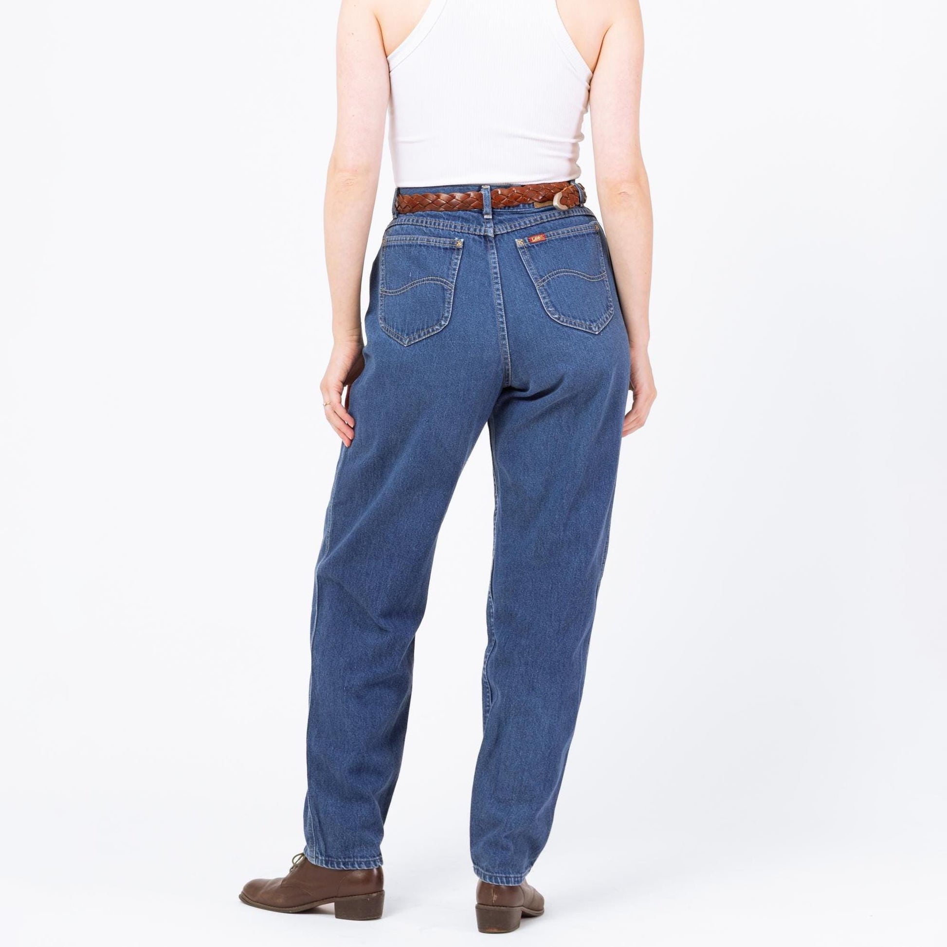 Vintage 80s Lee Riders Dark Wash High Waisted Mom Jeans - Medium, 29" Waist | Tapered Leg Pleated Denim Jeans