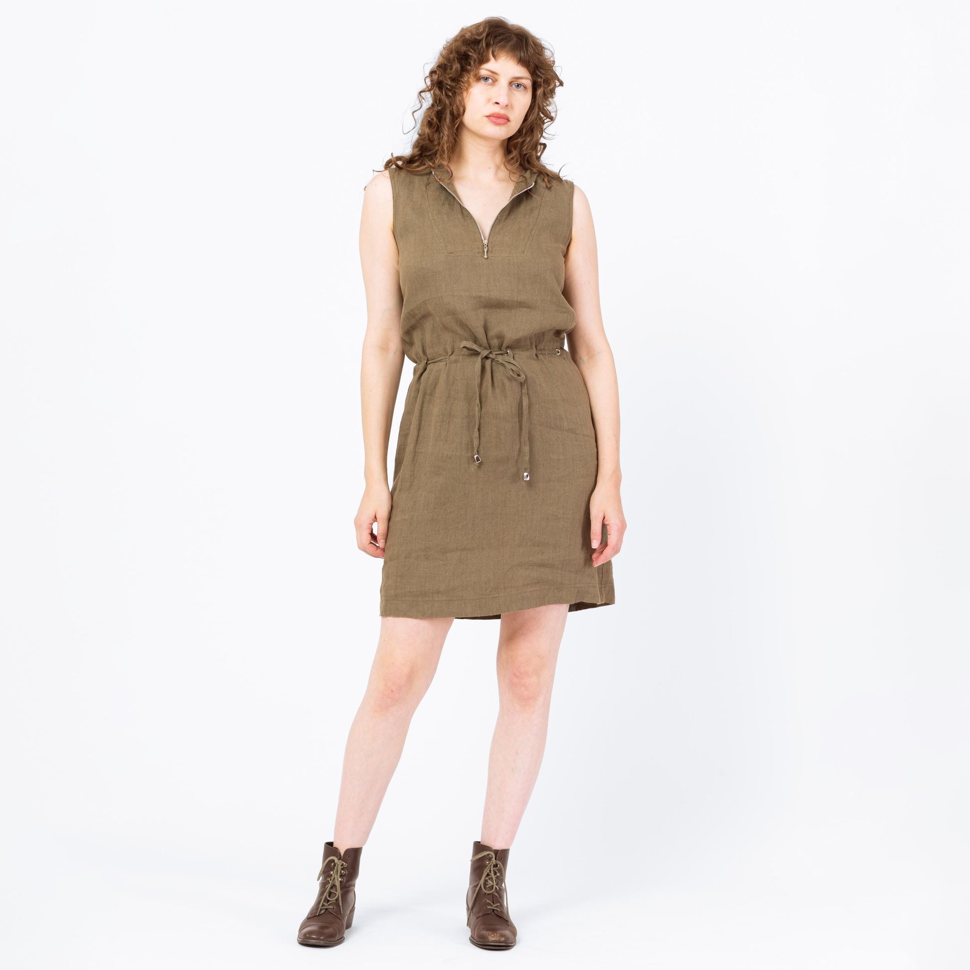 Vintage 90s Olive Green Hooded Linen Mini Dress - Medium | Grunge Drawstring Waist Sleeveless Minimalist Zip Up Safari Dress