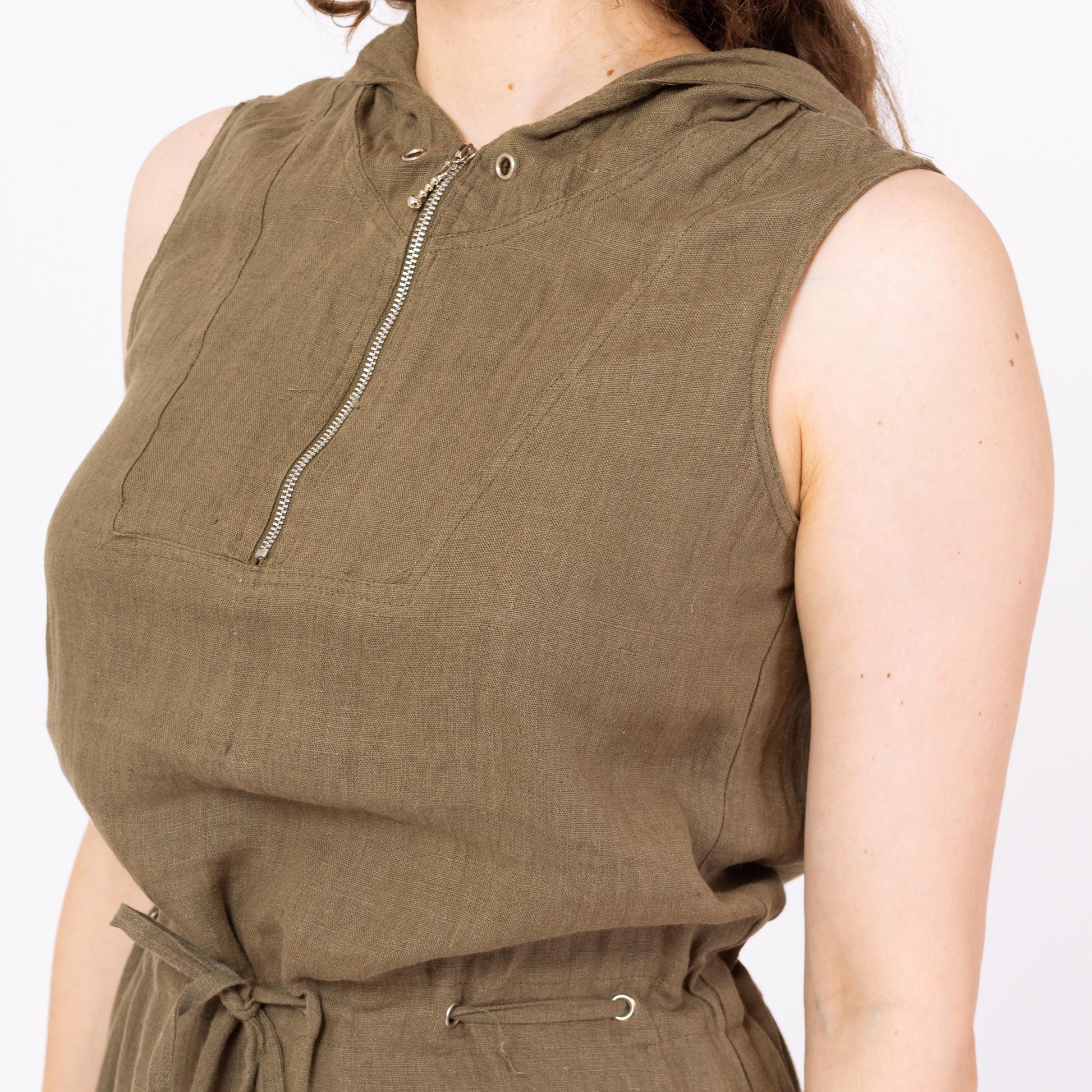 Vintage 90s Olive Green Hooded Linen Mini Dress - Medium | Grunge Drawstring Waist Sleeveless Minimalist Zip Up Safari Dress