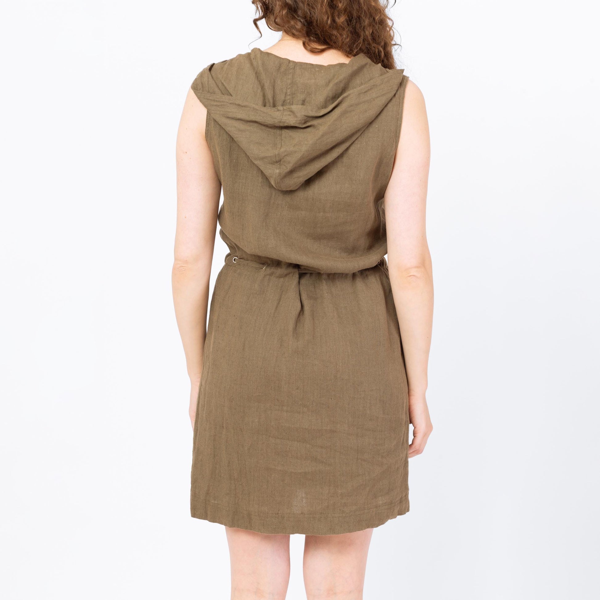 Vintage 90s Olive Green Hooded Linen Mini Dress - Medium | Grunge Drawstring Waist Sleeveless Minimalist Zip Up Safari Dress