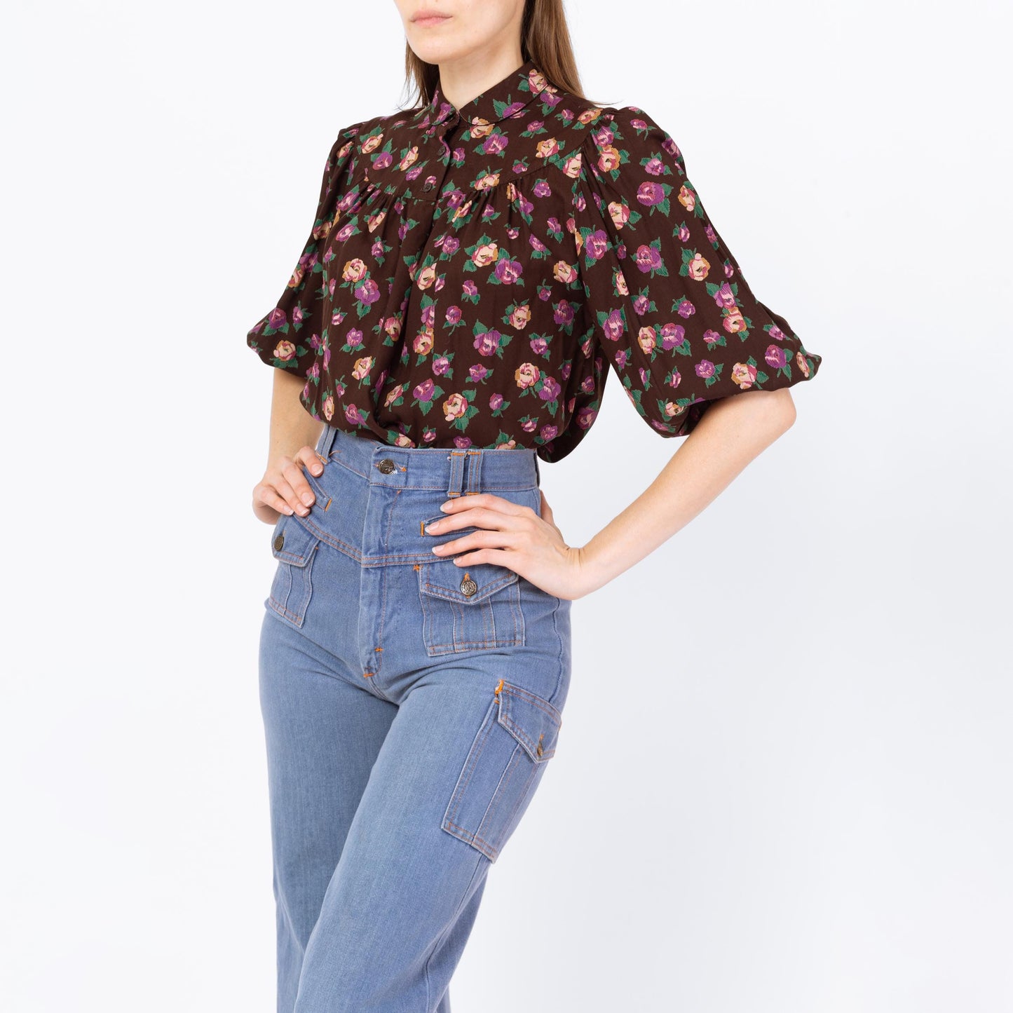 Vintage 70s Boho Brown Floral Balloon Sleeve Blouse - Small | Half Sleeve Peter Pan Collar Top, Flowy Button Up Shirt
