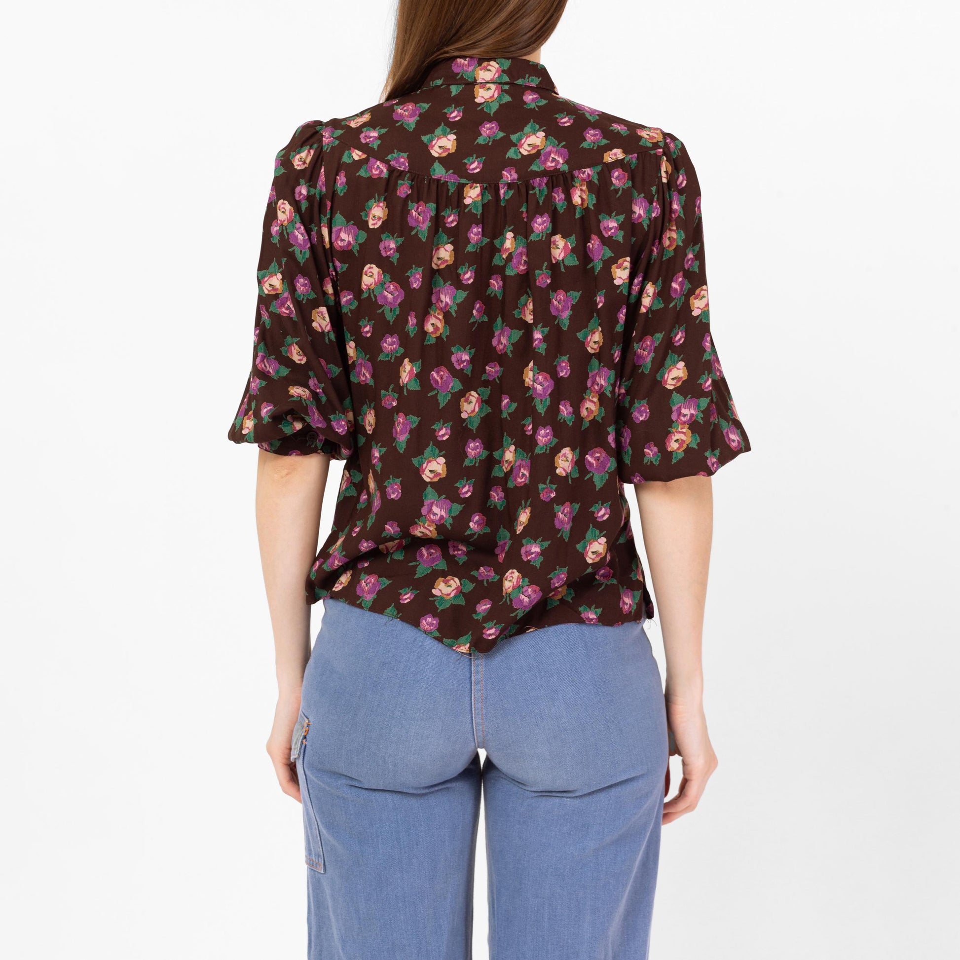 Vintage 70s Boho Brown Floral Balloon Sleeve Blouse - Small | Half Sleeve Peter Pan Collar Top, Flowy Button Up Shirt