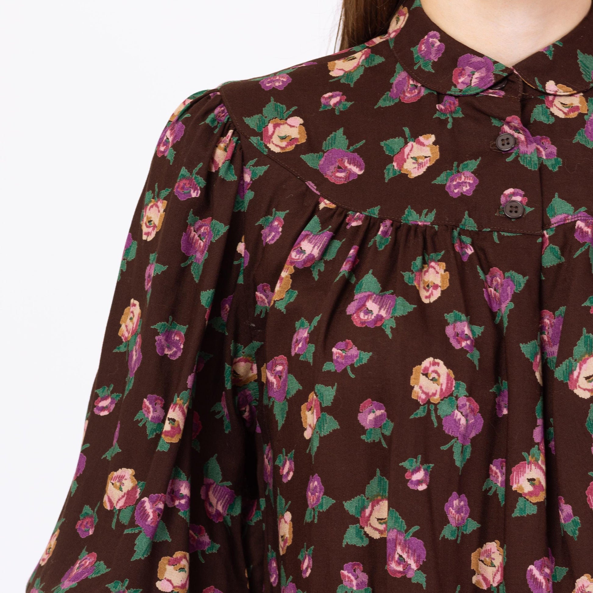 Vintage 70s Boho Brown Floral Balloon Sleeve Blouse - Small | Half Sleeve Peter Pan Collar Top, Flowy Button Up Shirt