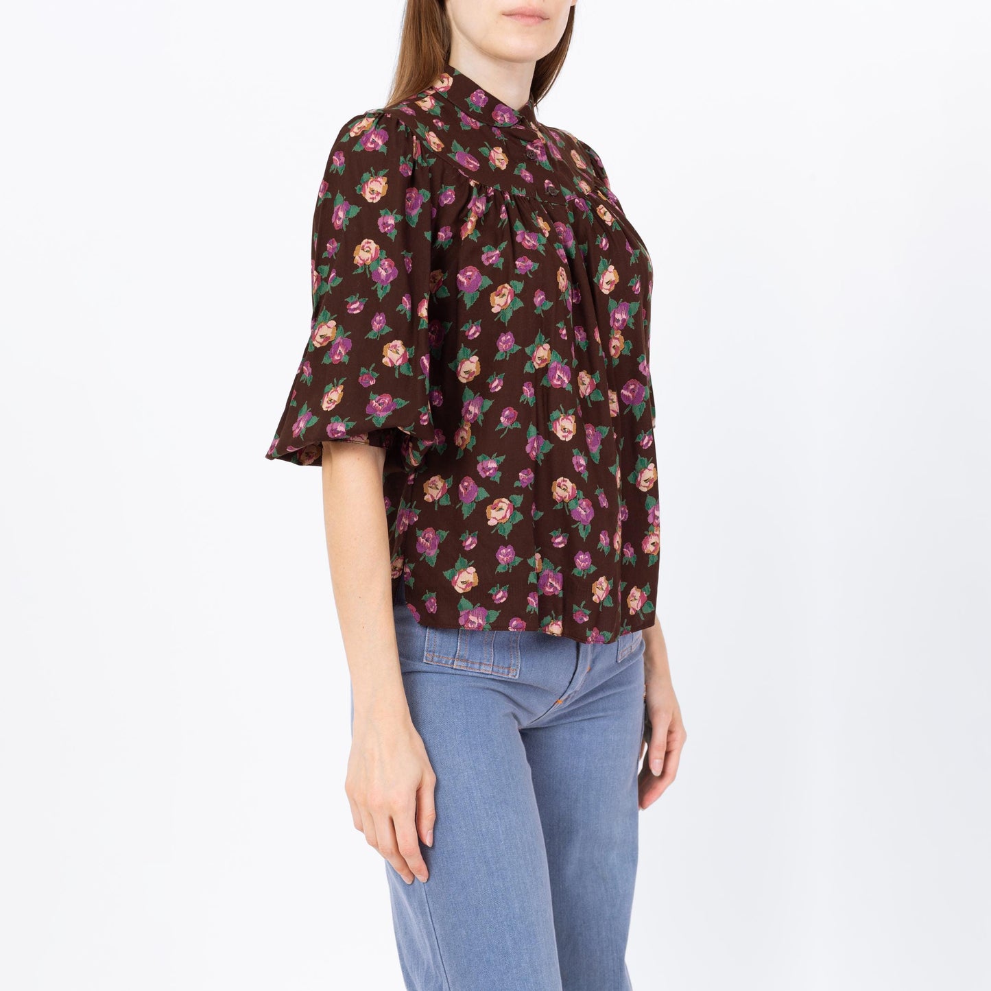 Vintage 70s Boho Brown Floral Balloon Sleeve Blouse - Small | Half Sleeve Peter Pan Collar Top, Flowy Button Up Shirt