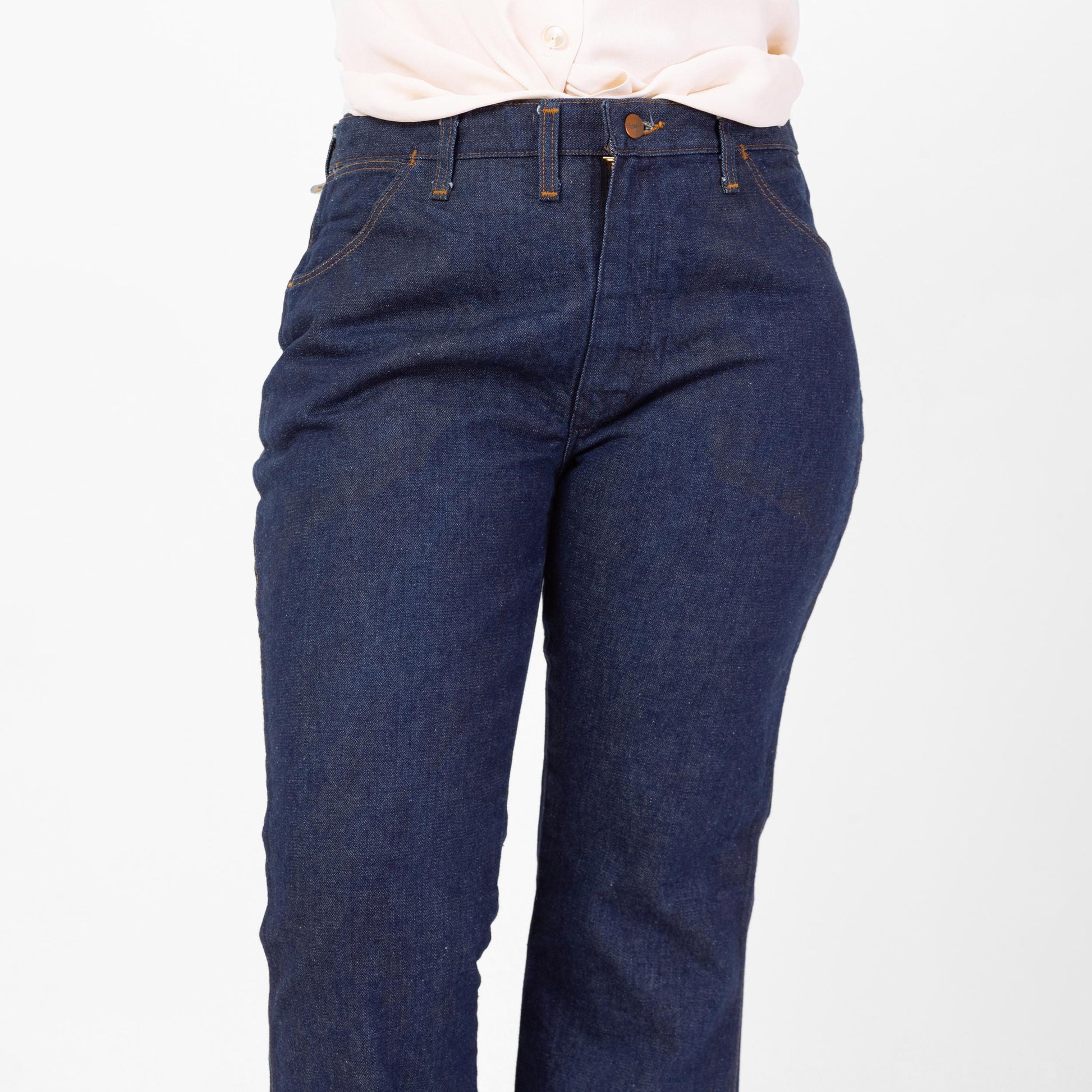 Vintage 70s Wrangler Deadstock Flared Unisex Jeans - 38x30 | Dark Wash Denim High Waisted Bootcut Jeans