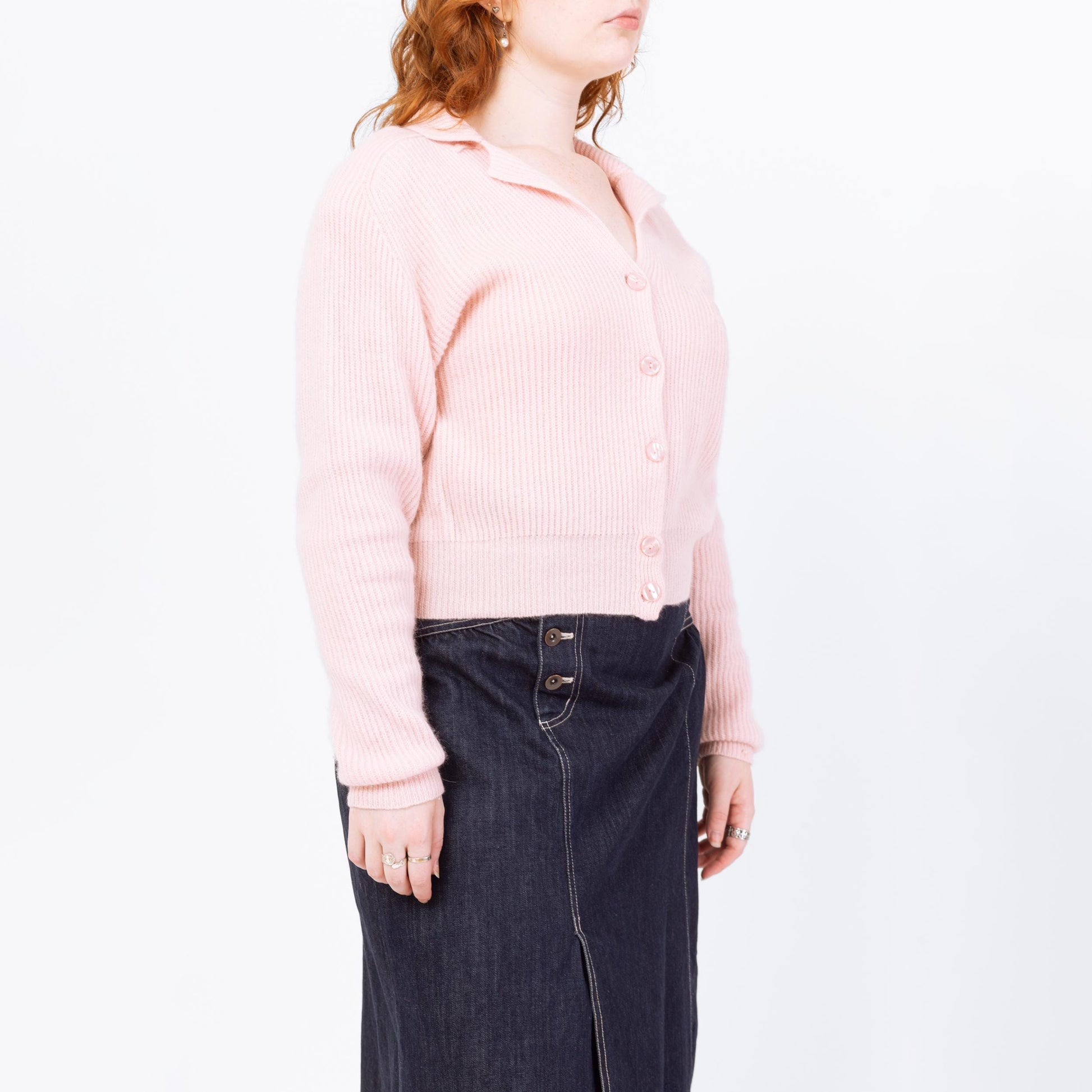 Vintage 80s Pastel Pink Cropped Knit Cardigan - Medium | Angora Lambswool Retro Collared Button Up Sweater