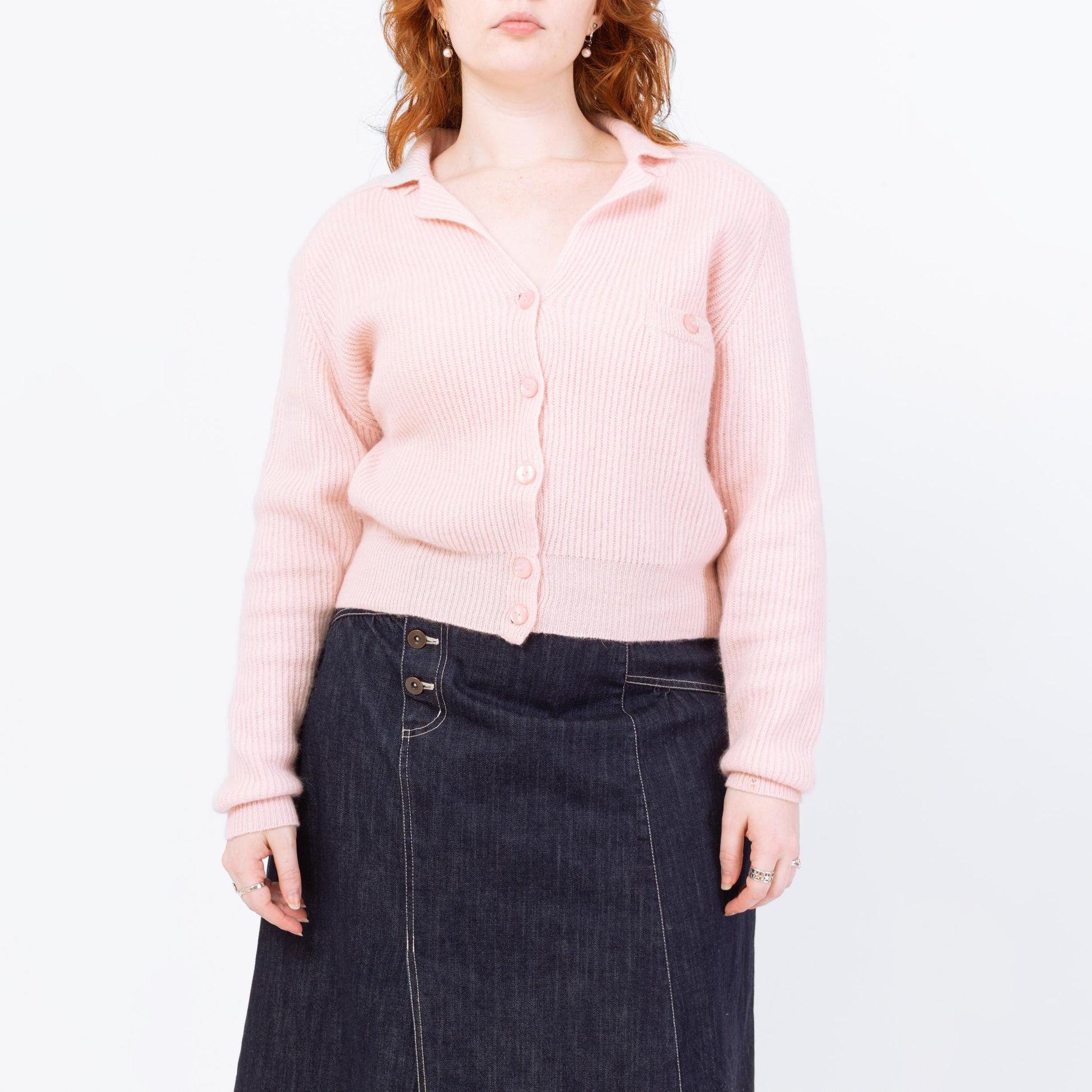 Vintage 80s Pastel Pink Cropped Knit Cardigan - Medium | Angora Lambswool Retro Collared Button Up Sweater