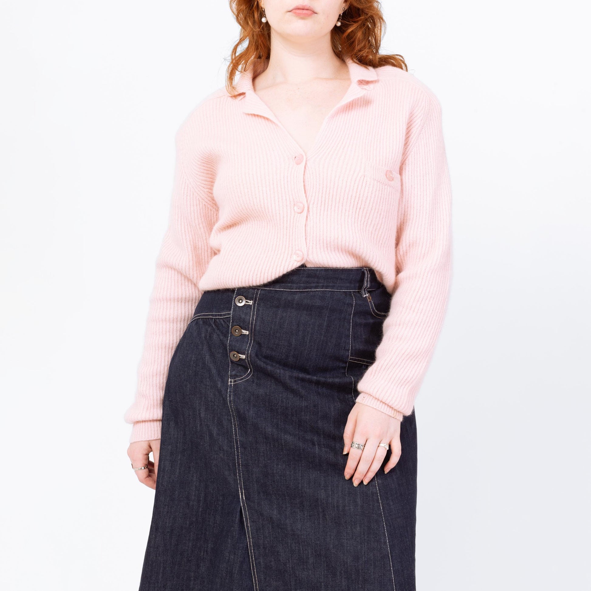 Vintage 80s Pastel Pink Cropped Knit Cardigan - Medium | Angora Lambswool Retro Collared Button Up Sweater