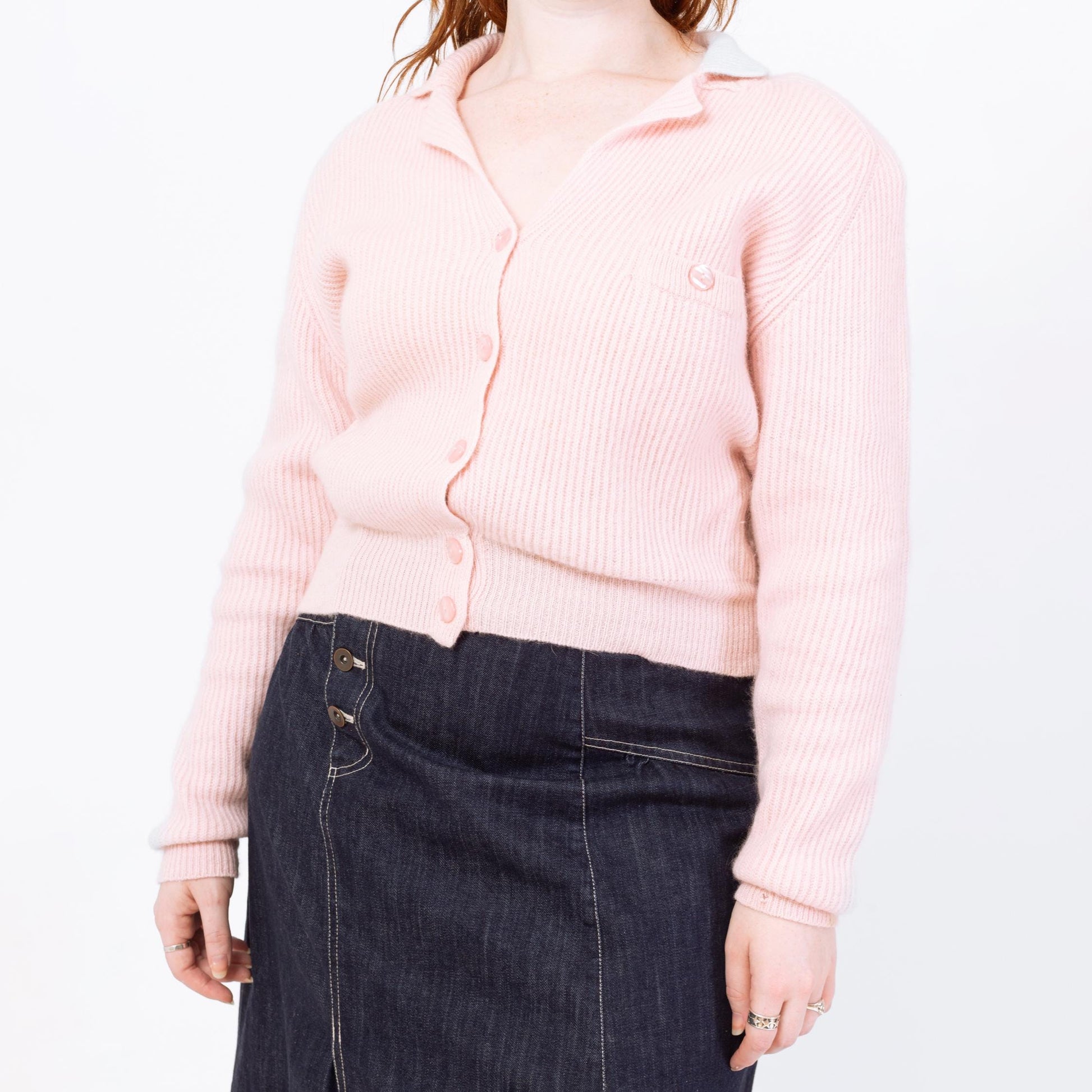 Vintage 80s Pastel Pink Cropped Knit Cardigan - Medium | Angora Lambswool Retro Collared Button Up Sweater