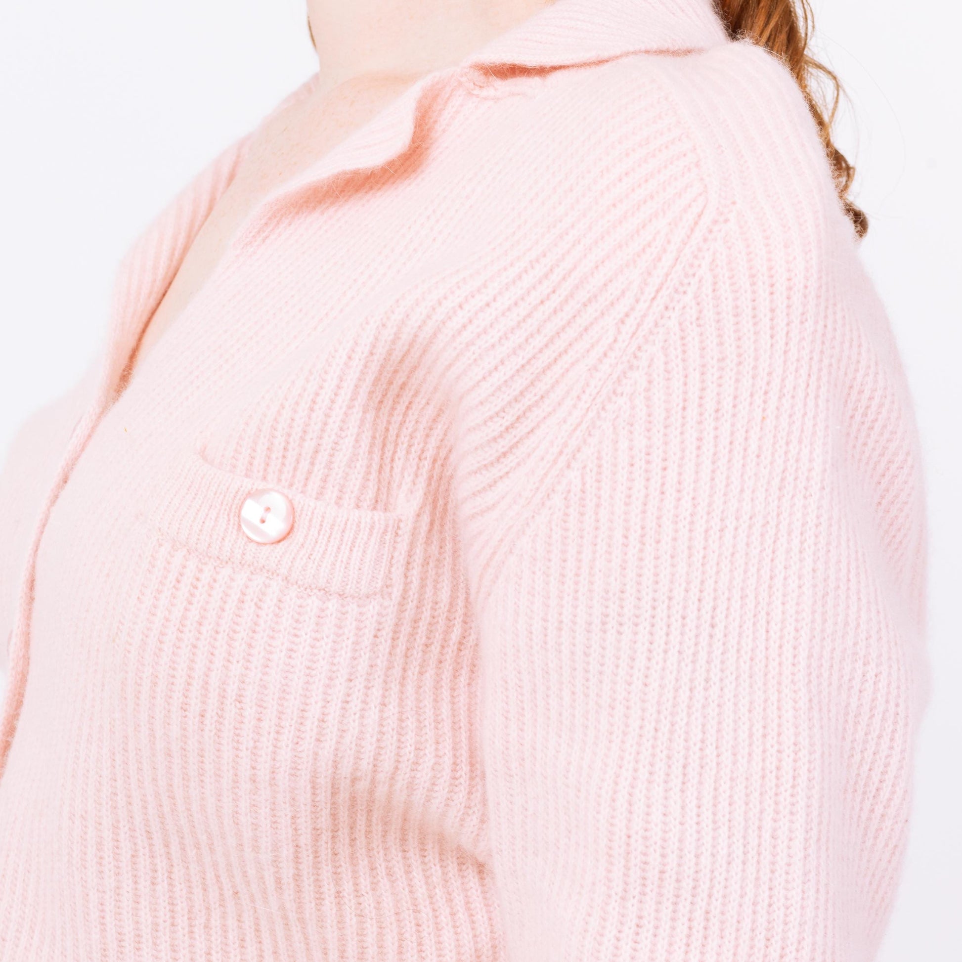 Vintage 80s Pastel Pink Cropped Knit Cardigan - Medium | Angora Lambswool Retro Collared Button Up Sweater