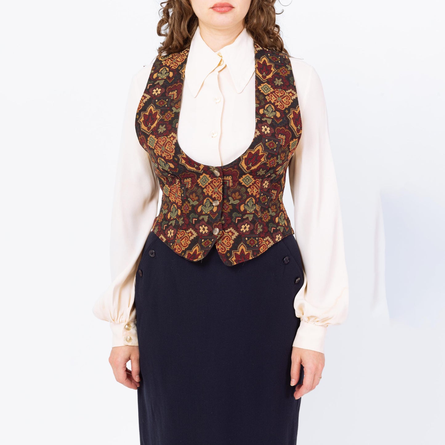 Vintage 90s Floral Tapestry Scoop Neck Vest - Medium | Boho Sleeveless Button Up Renaissance Bodice Waistcoat Top