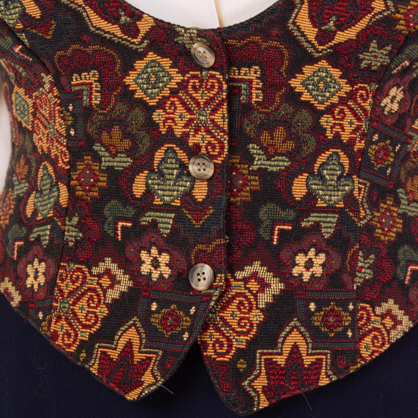 Vintage 90s Floral Tapestry Scoop Neck Vest - Medium | Boho Sleeveless Button Up Renaissance Bodice Waistcoat Top